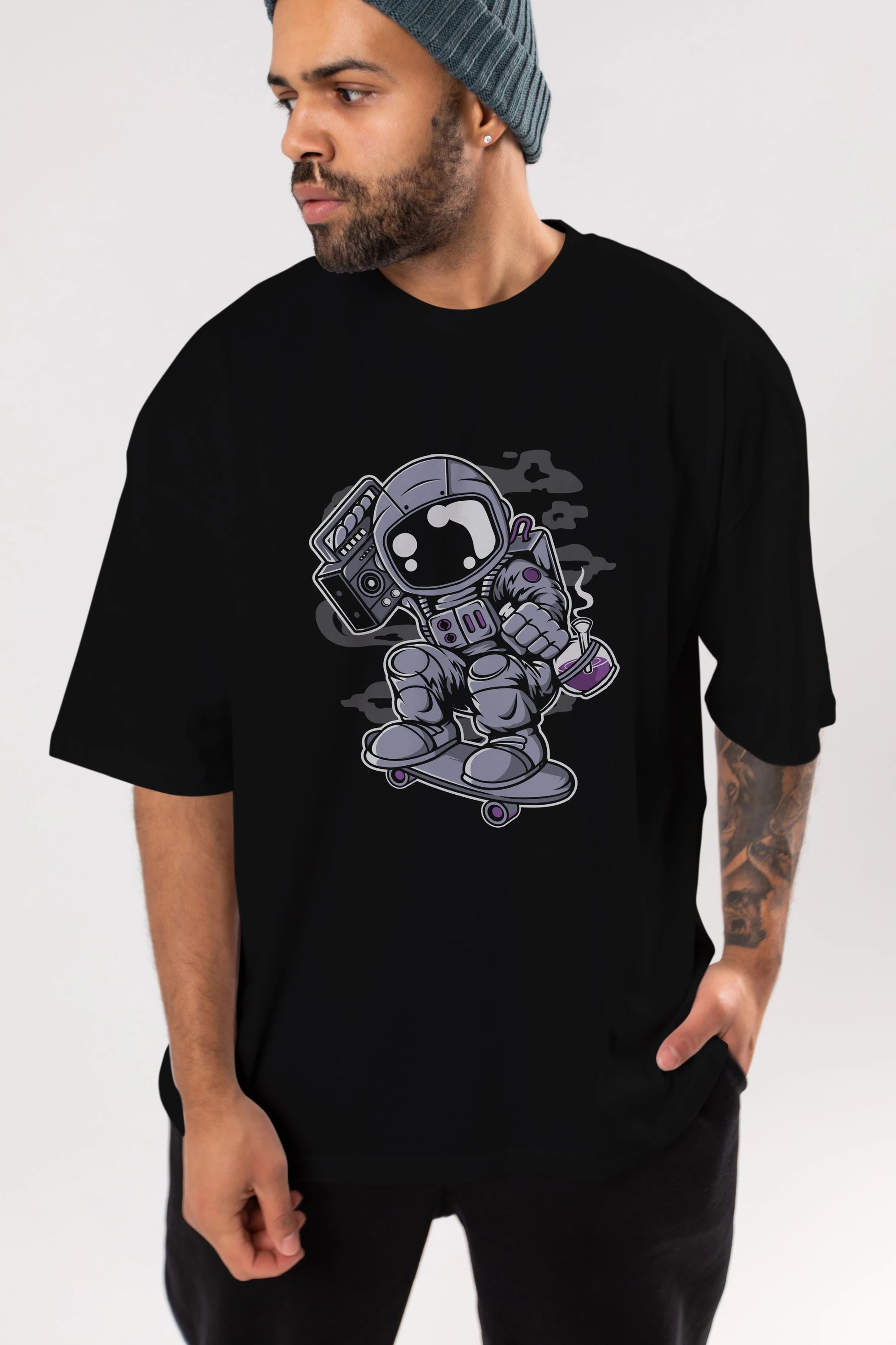 Astroanut Skater Boombox Ön Baskılı Oversize t-shirt Erkek Kadın Unisex