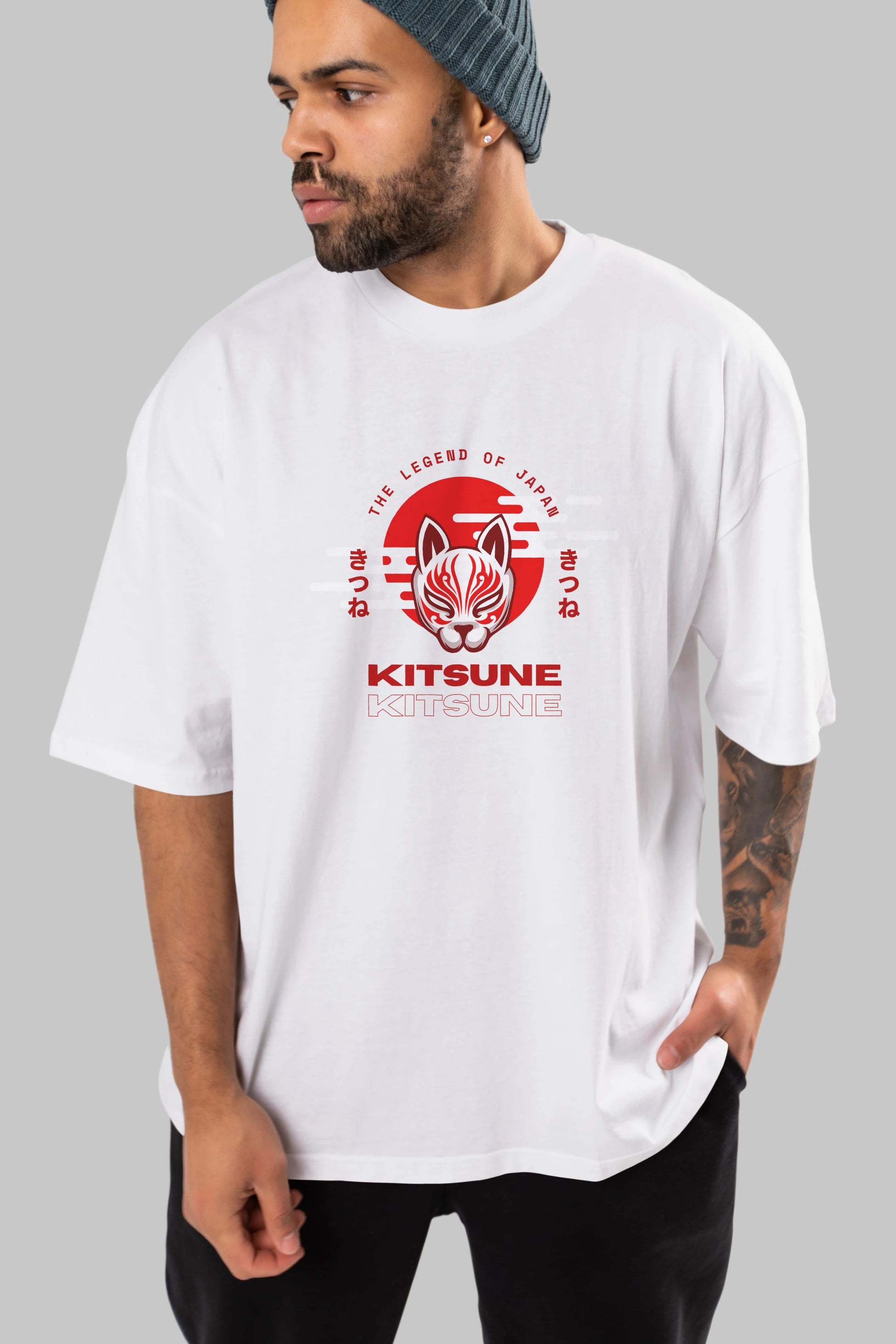 Kitsune Mask Ön Baskılı Oversize t-shirt Erkek Kadın Unisex