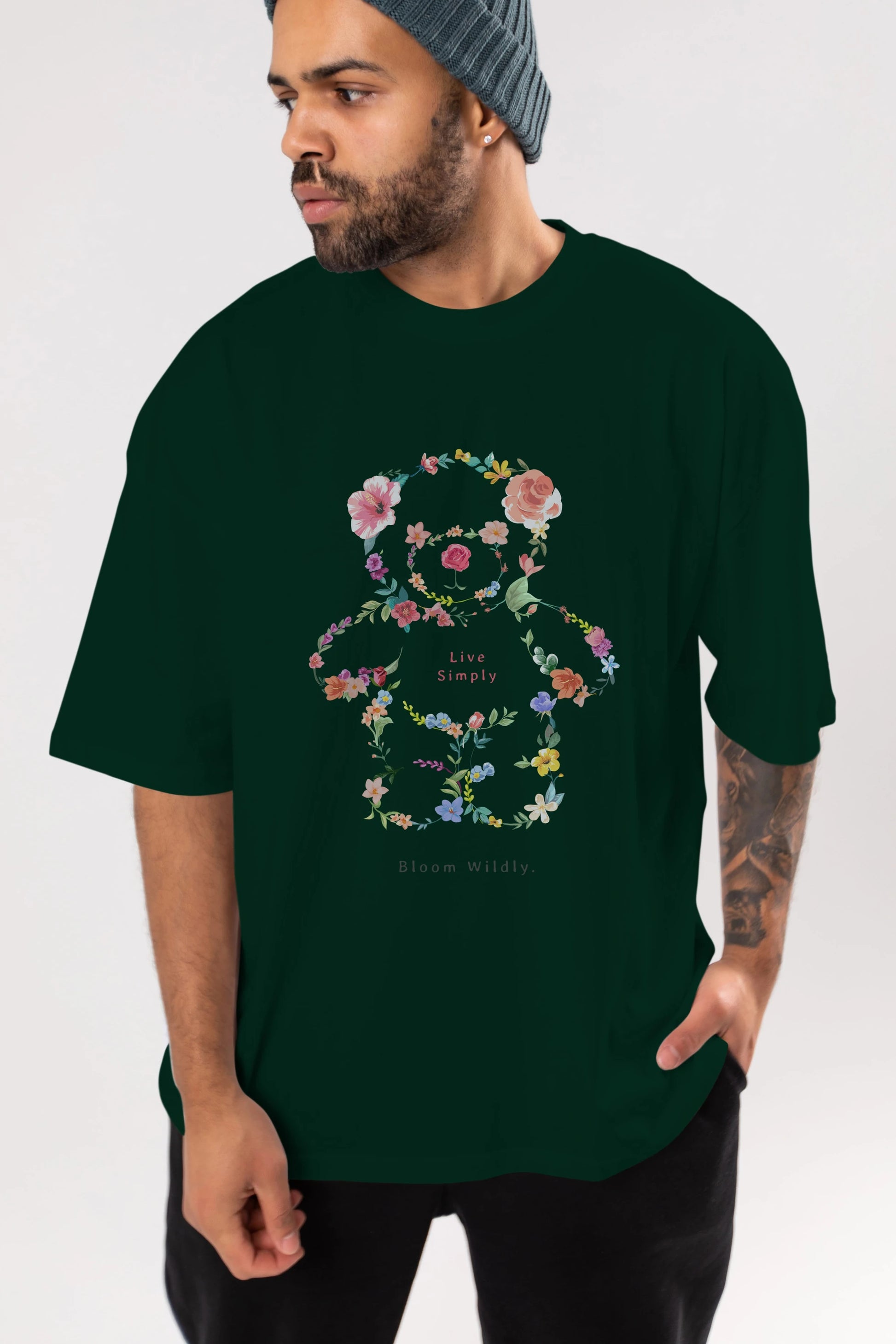 Teddy Bear Flowers Ön Baskılı Oversize t-shirt Erkek Kadın Unisex