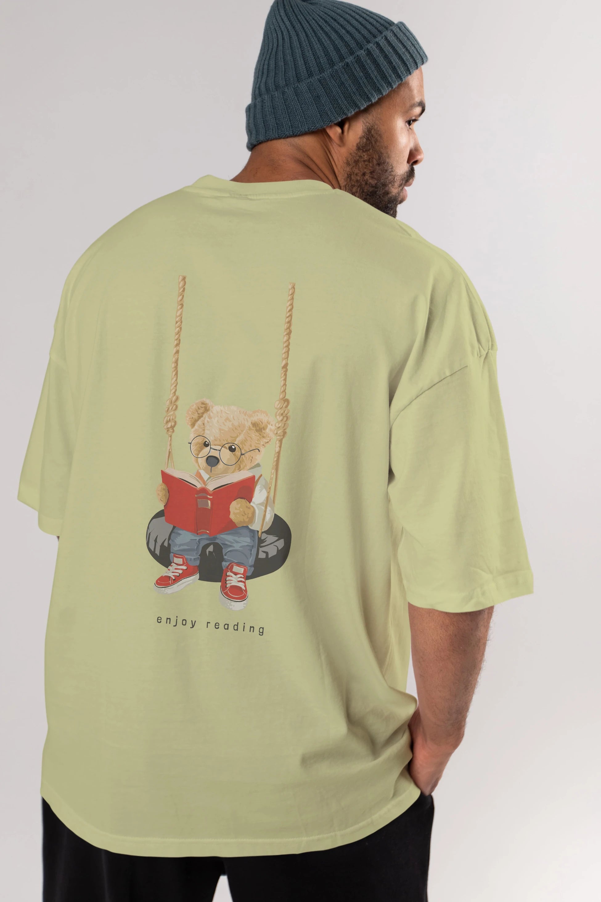 Teddy Bear Enjoy Reading Arka Baskılı Oversize t-shirt Erkek Kadın Unisex %100 Pamuk
