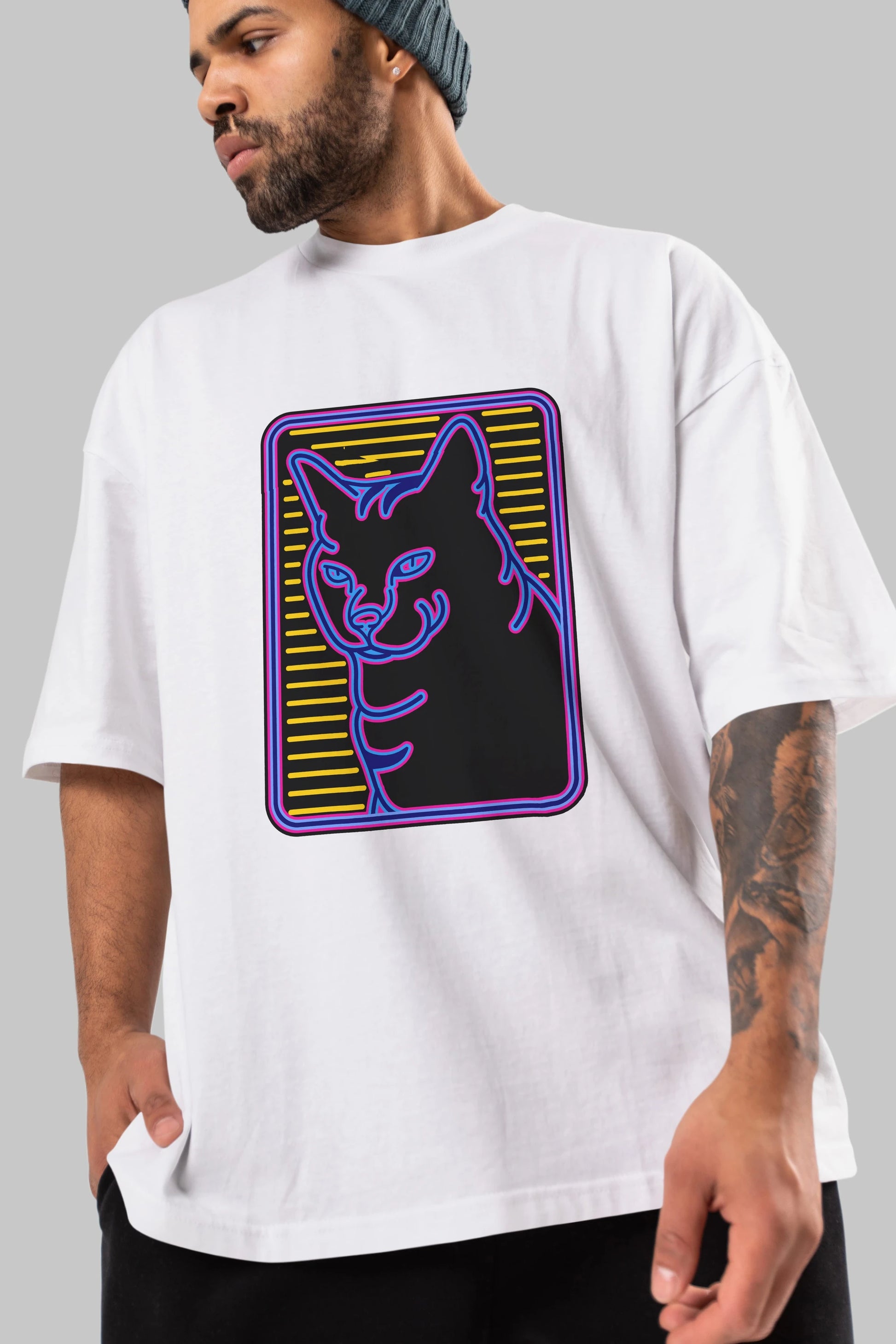 Neon Cat Ön Baskılı Oversize t-shirt Erkek Kadın Unisex