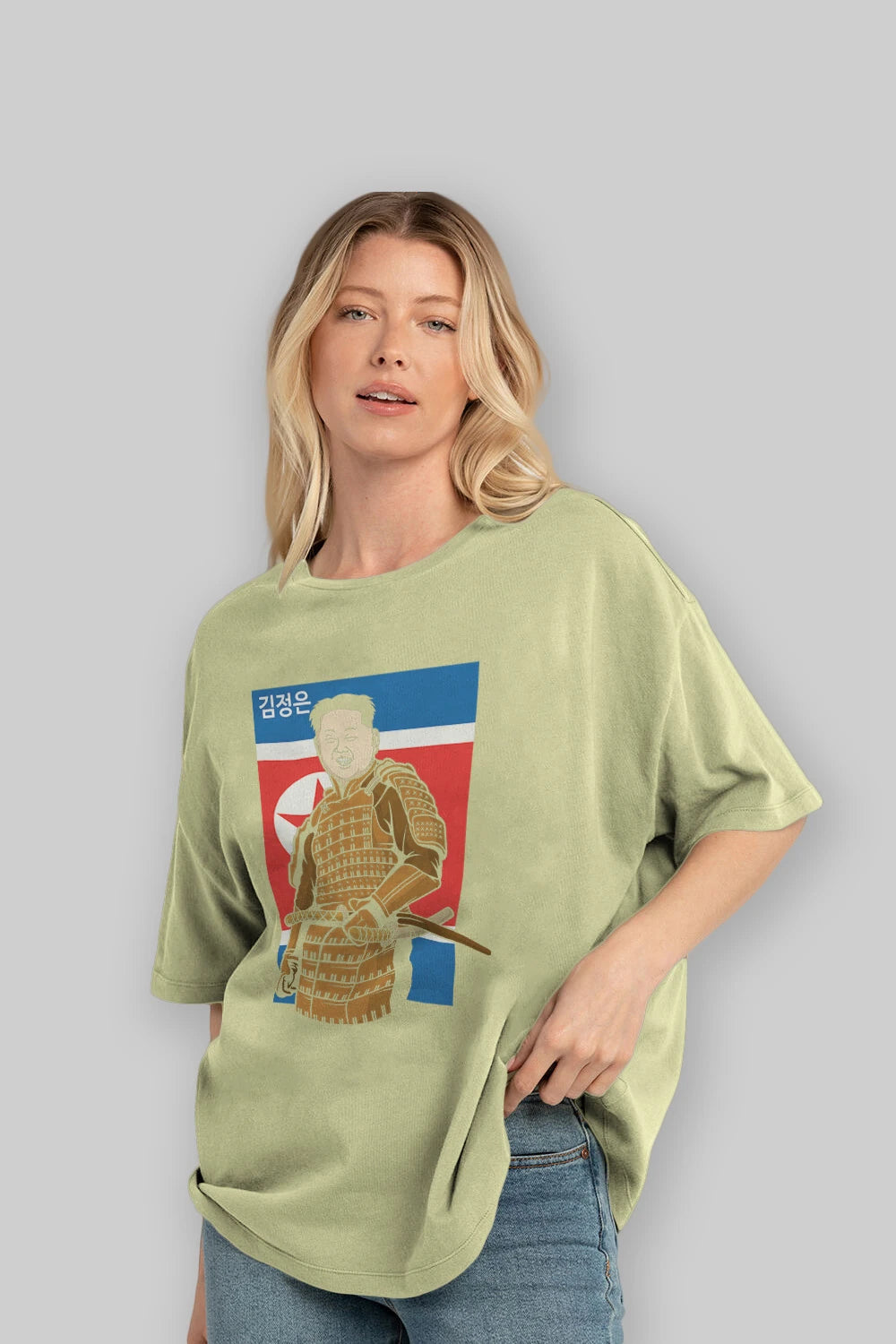 Samurai Jong Un Ön Baskılı Oversize t-shirt Erkek Kadın Unisex %100 Pamuk tişort