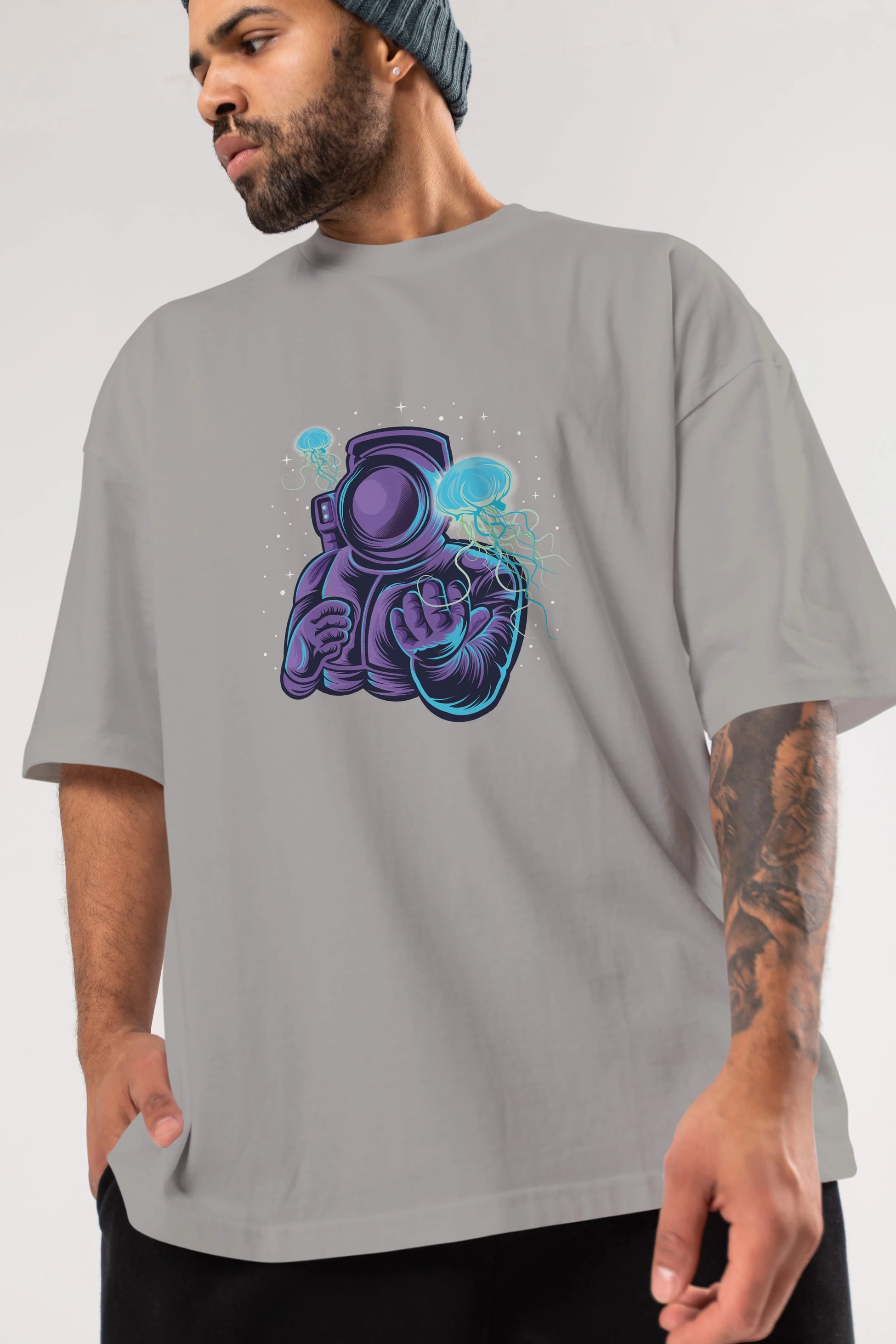 Astronaut and Jellyfish Ön Baskılı Oversize t-shirt Erkek Kadın Unisex