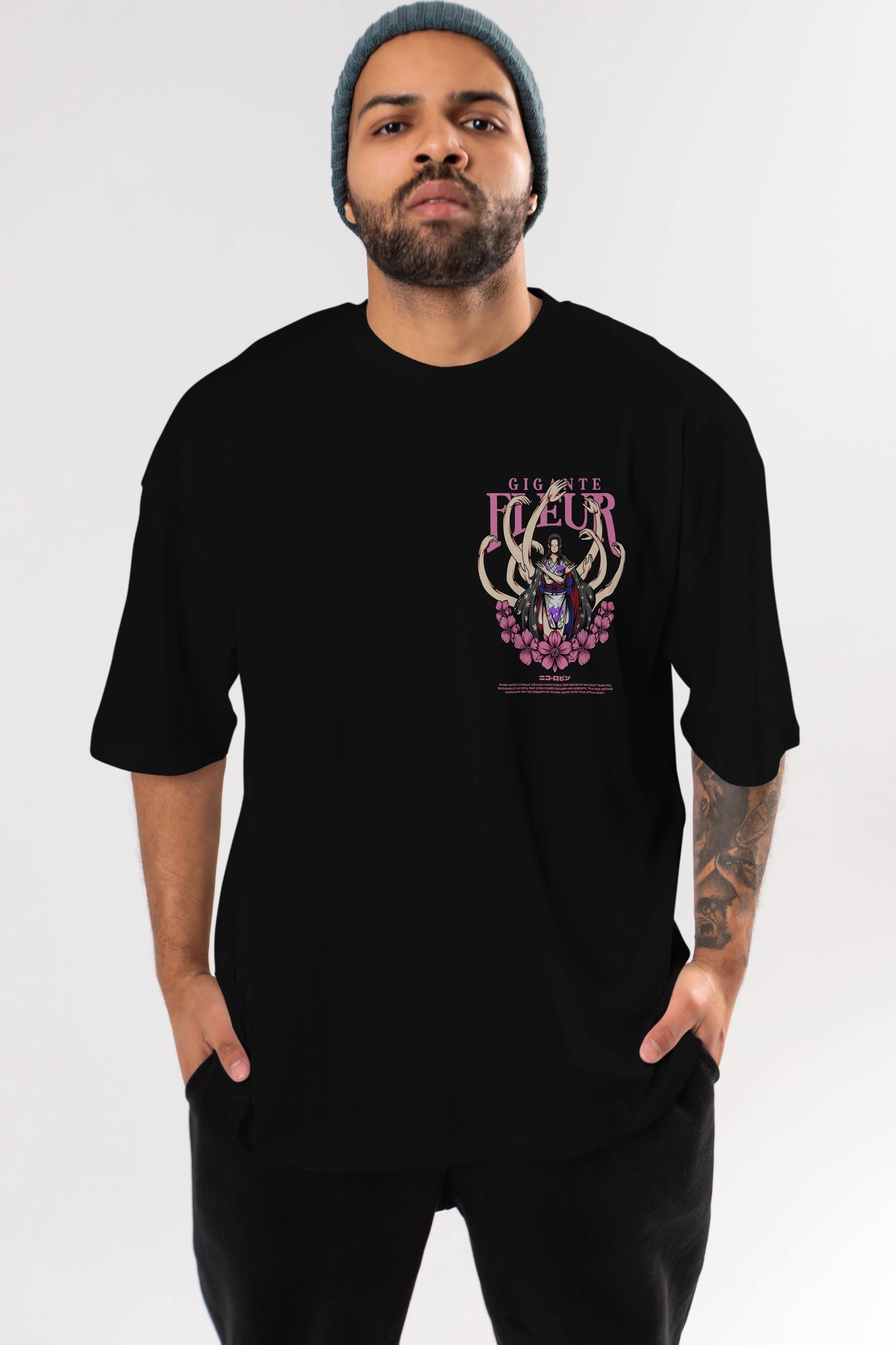 Gigante Fleur Ön Sol Baskılı Oversize t-shirt Erkek Kadın Unisex %100 Pamuk Bisiklet Yaka tişort
