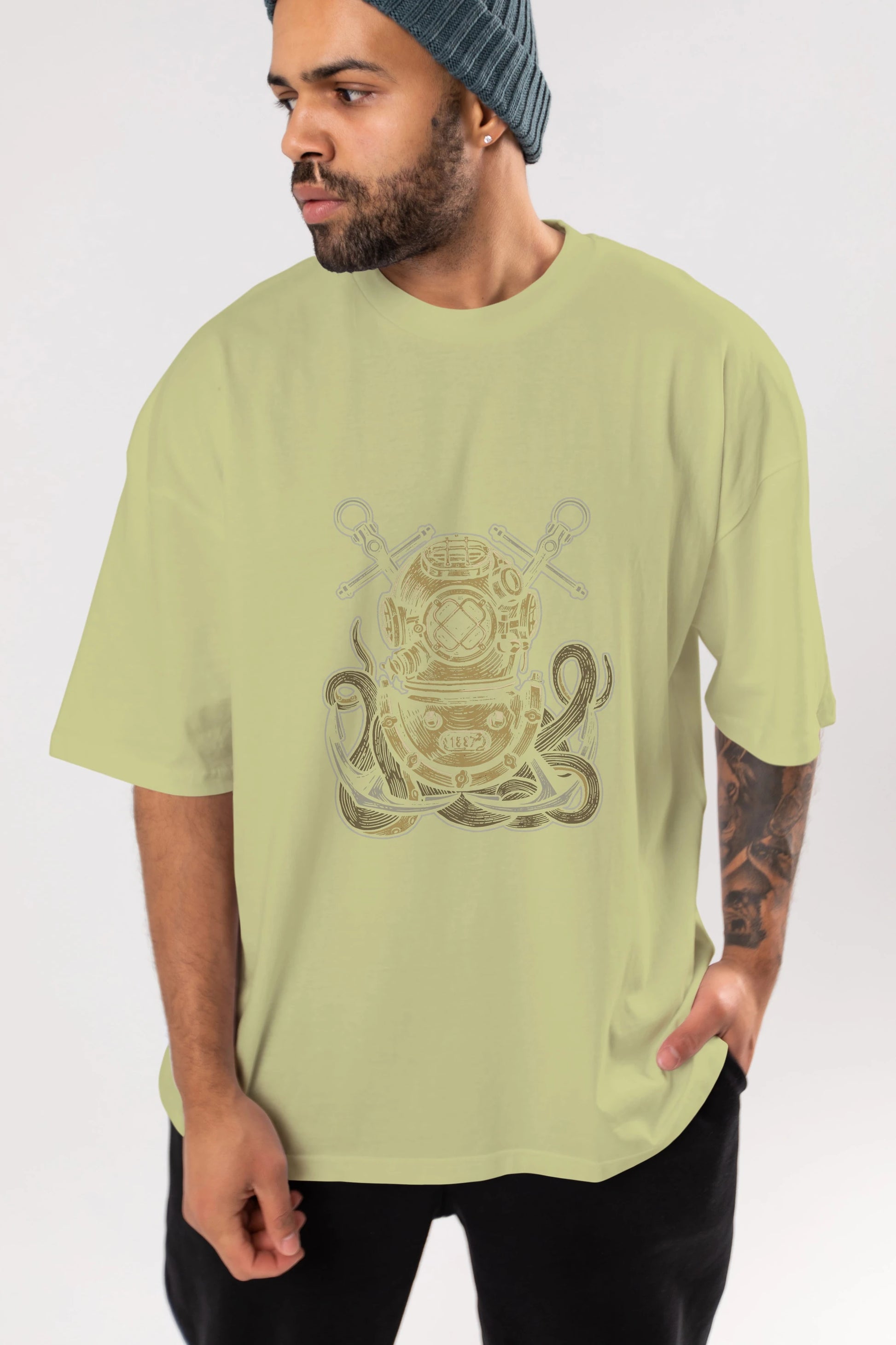 Diver Octopus Ön Baskılı Oversize t-shirt Erkek Kadın Unisex %100 Pamuk tişort