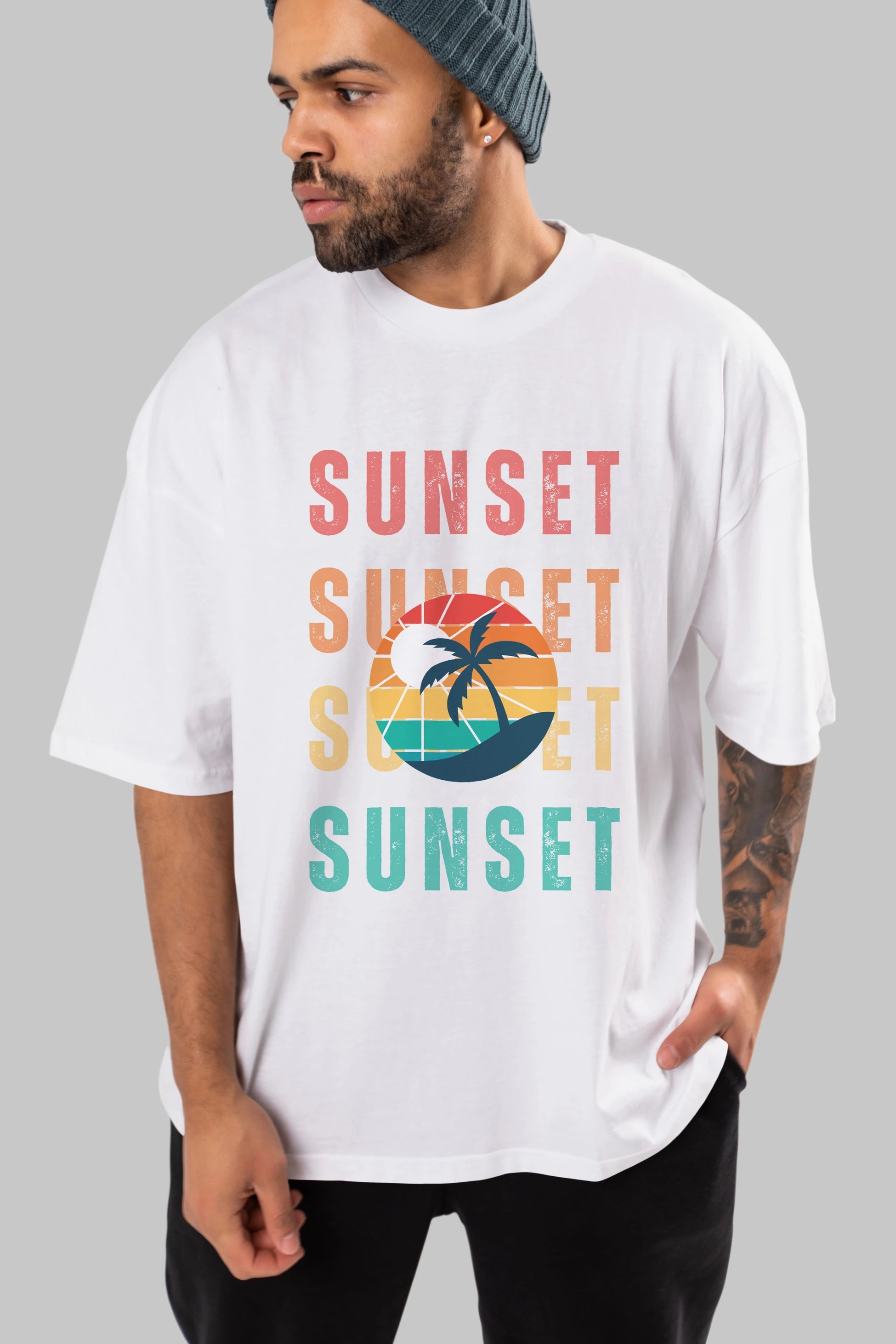 Sunset Yazılı Ön Baskılı Oversize t-shirt Erkek Kadın Unisex