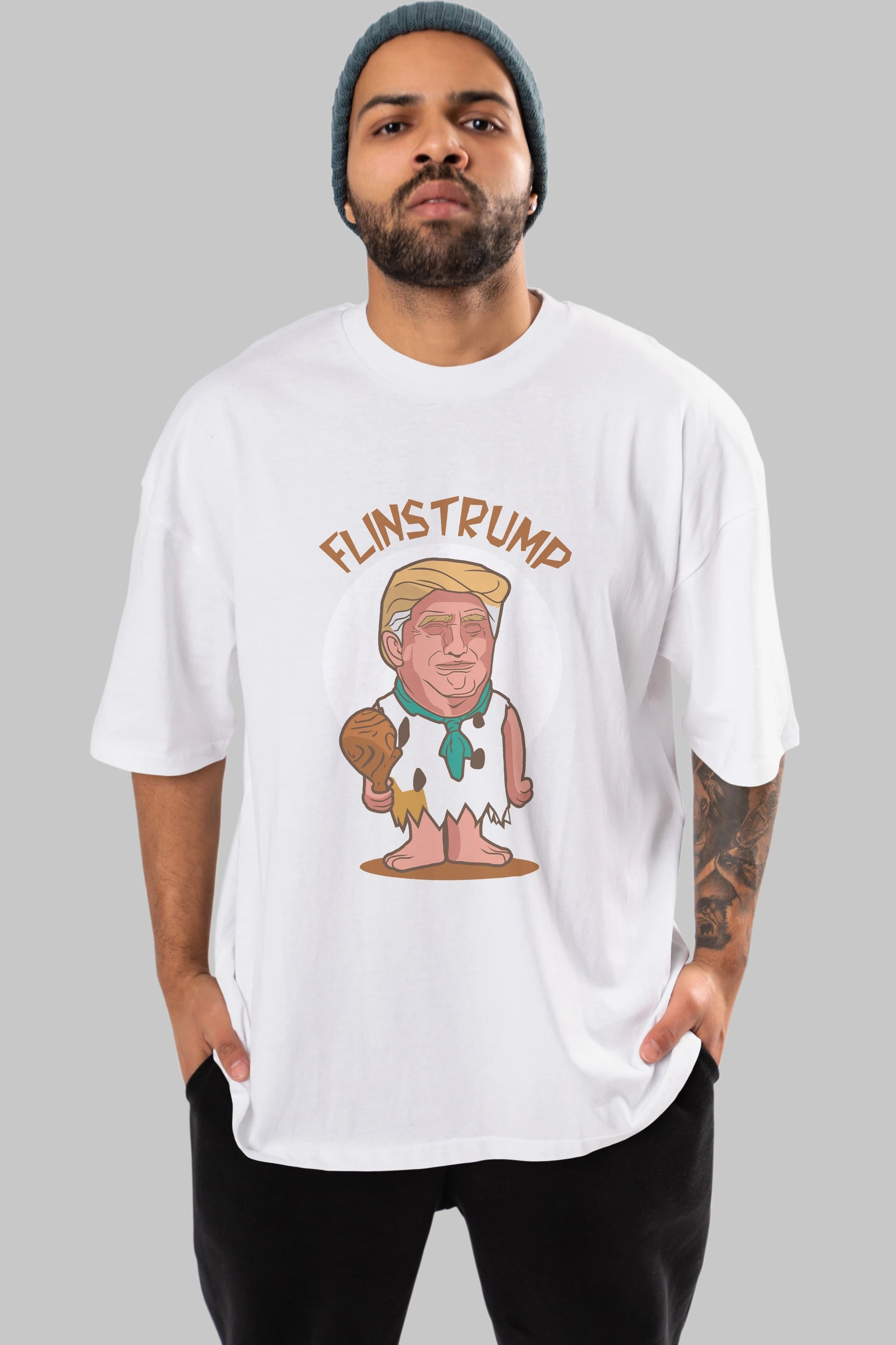 Flinstrump Ön Baskılı Oversize t-shirt Erkek Kadın Unisex %100 Pamuk tişort