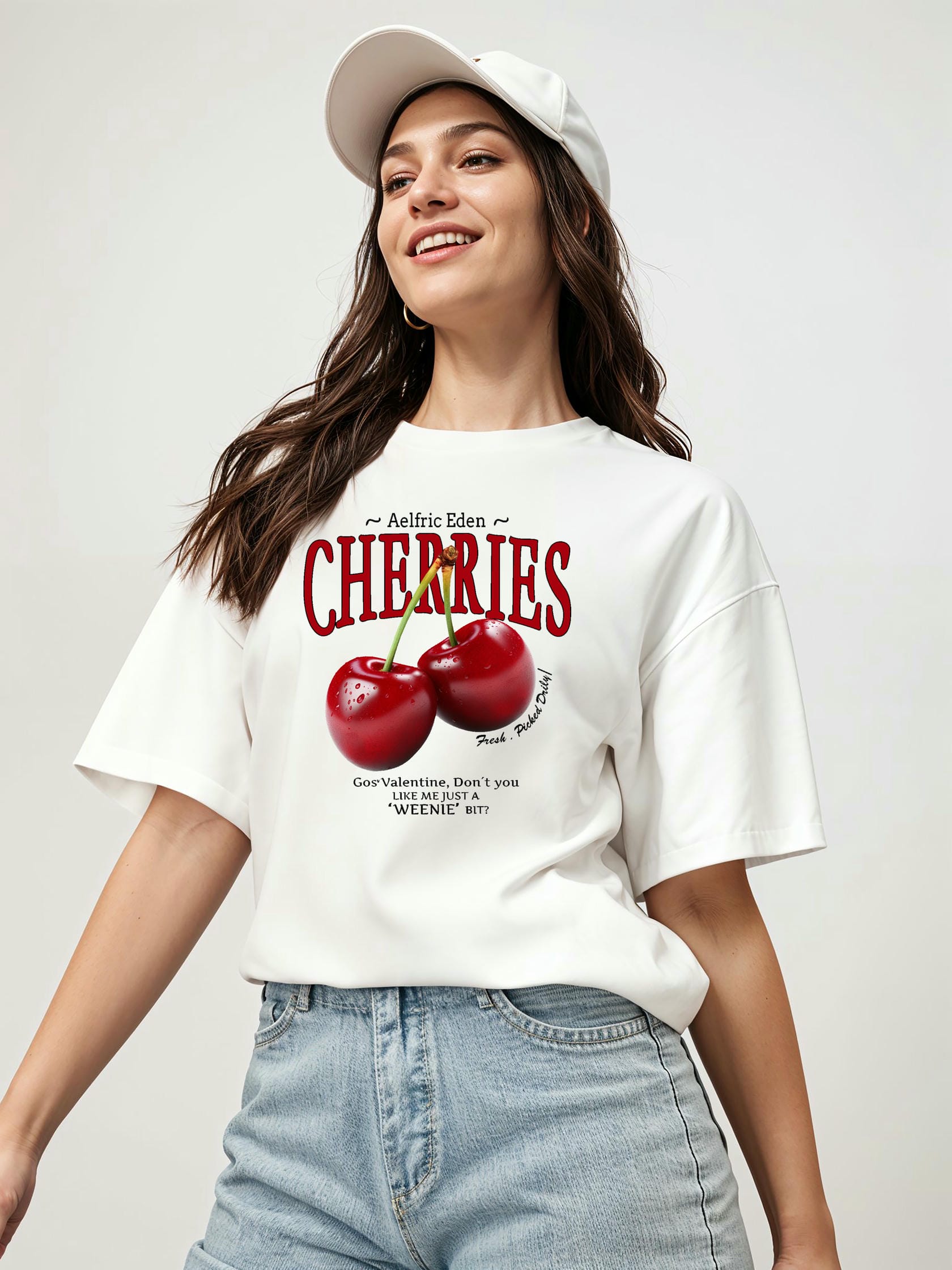 Cherry Cherries Ön Baskılı Oversize t-shirt Erkek Kadın Pamuk Bisiklet Yaka tişort