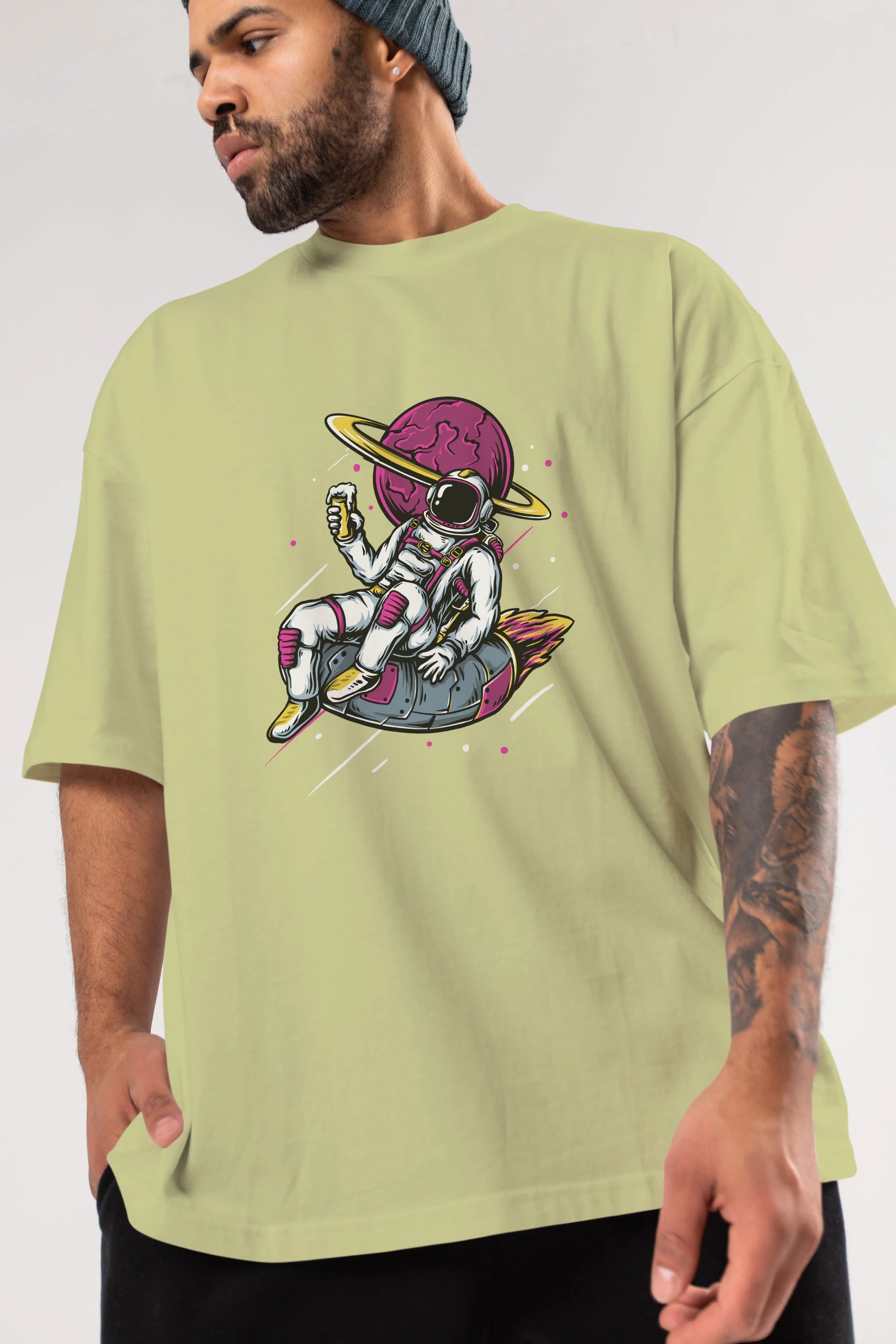 Astronaut Beer Ön Baskılı Oversize t-shirt Erkek Kadın Unisex