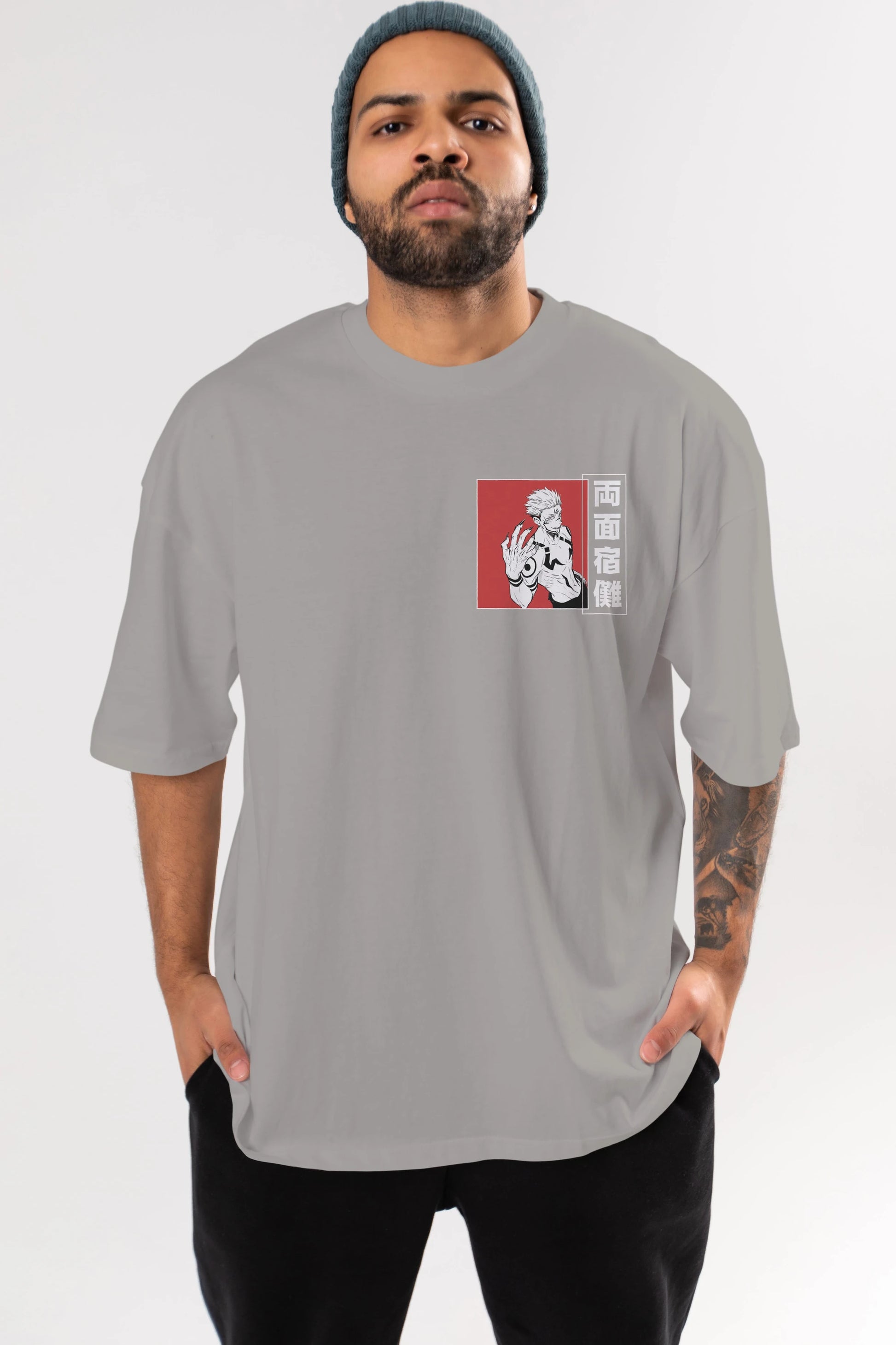 Sukuna Ryoumen 2 Ön Sol Baskılı Oversize t-shirt Erkek Kadın Unisex %100 Pamuk Bisiklet Yaka tişort