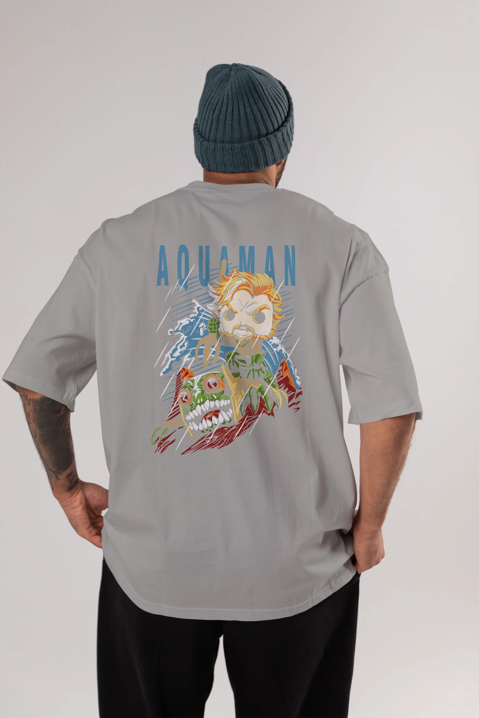 Aquaman Arka Baskılı Oversize t-shirt Erkek Kadın Unisex %100 Pamuk Bisiklet Yaka tişort