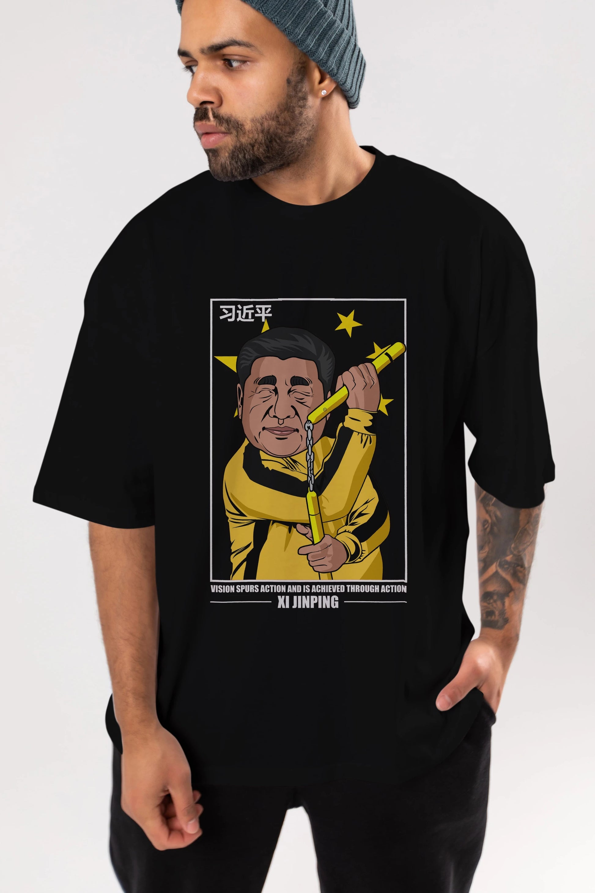 Xi Jinping Bruce Lee Ön Baskılı Oversize t-shirt Erkek Kadın Unisex %100 Pamuk tişort