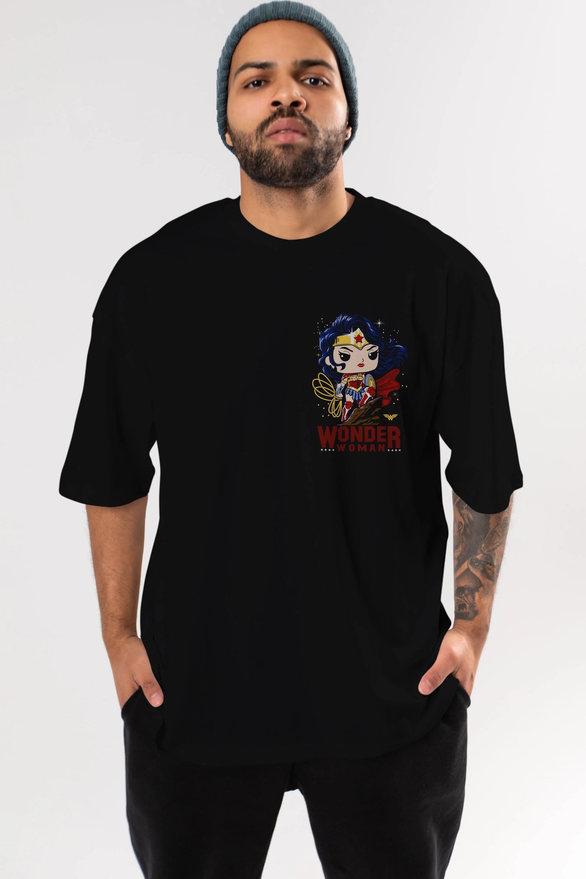 Wonder Woman (2) Ön Sol Baskılı Oversize t-shirt Erkek Kadın Unisex %100 Pamuk Bisiklet Yaka tişort