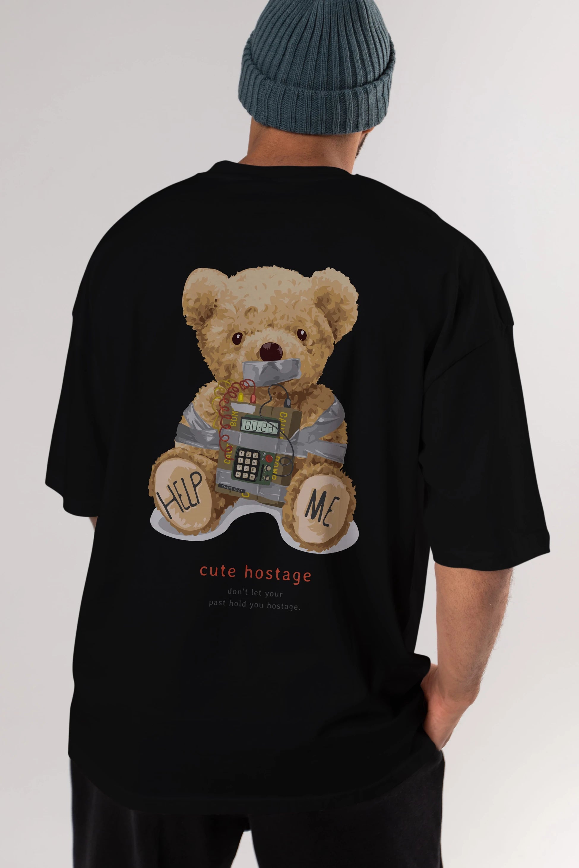 Teddy Bear Help Me Arka Baskılı Oversize t-shirt Erkek Kadın Unisex %100 Pamuk