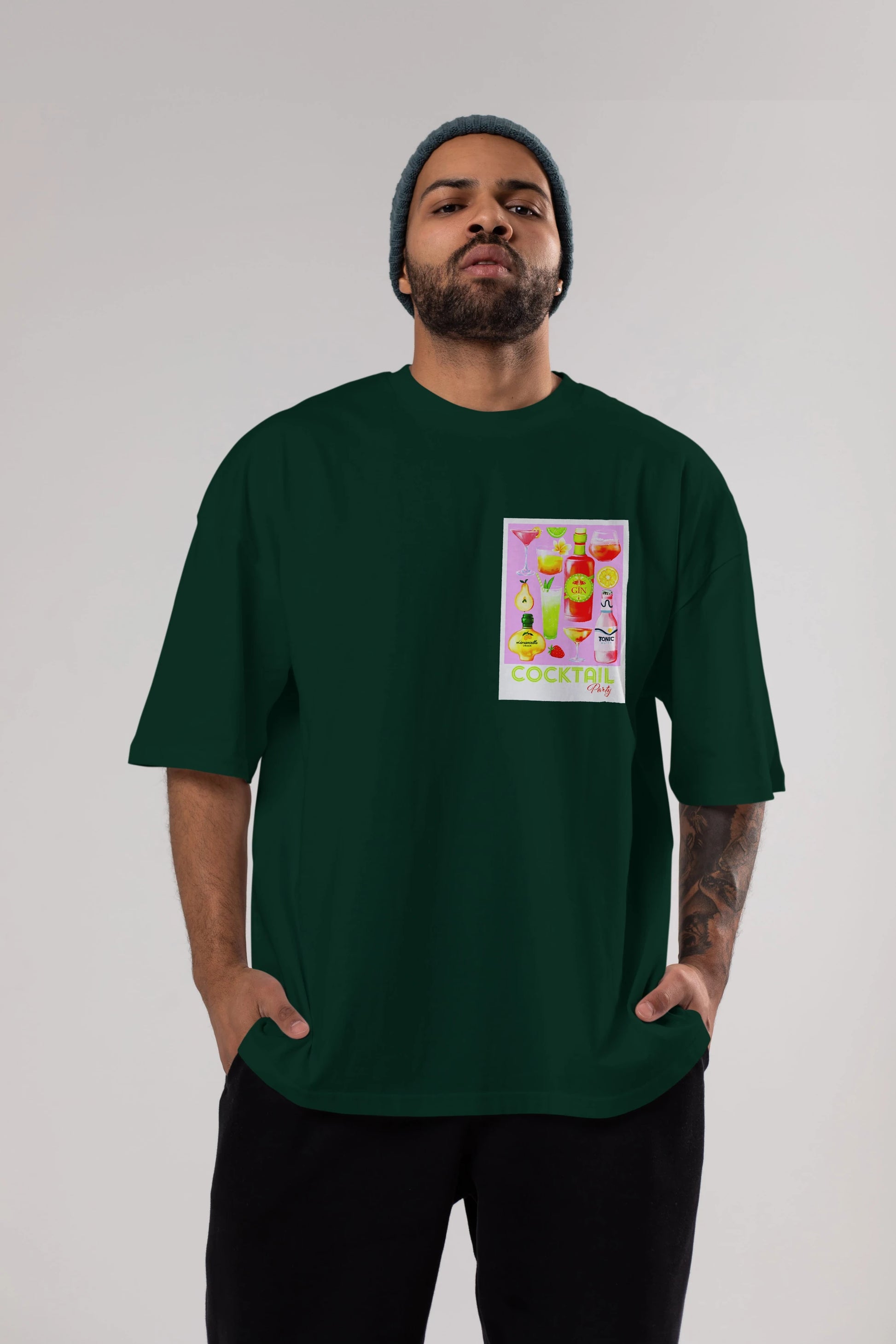 Cocktail Party Ön Sol Baskılı Oversize t-shirt Erkek Kadın Unisex %100 Pamuk Bisiklet Yaka tişort
