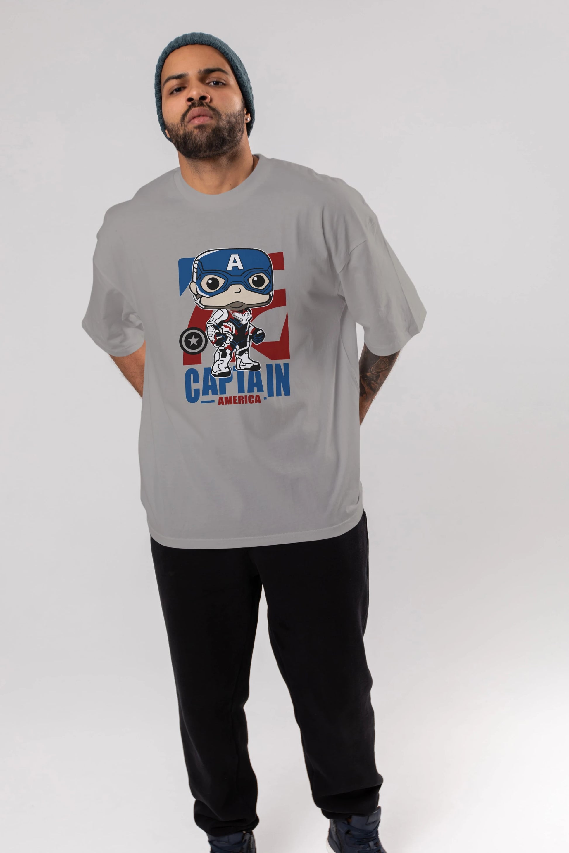 Captain America Ön Baskılı Oversize t-shirt Erkek Kadın Unisex %100 Pamuk Bisiklet Yaka tişort