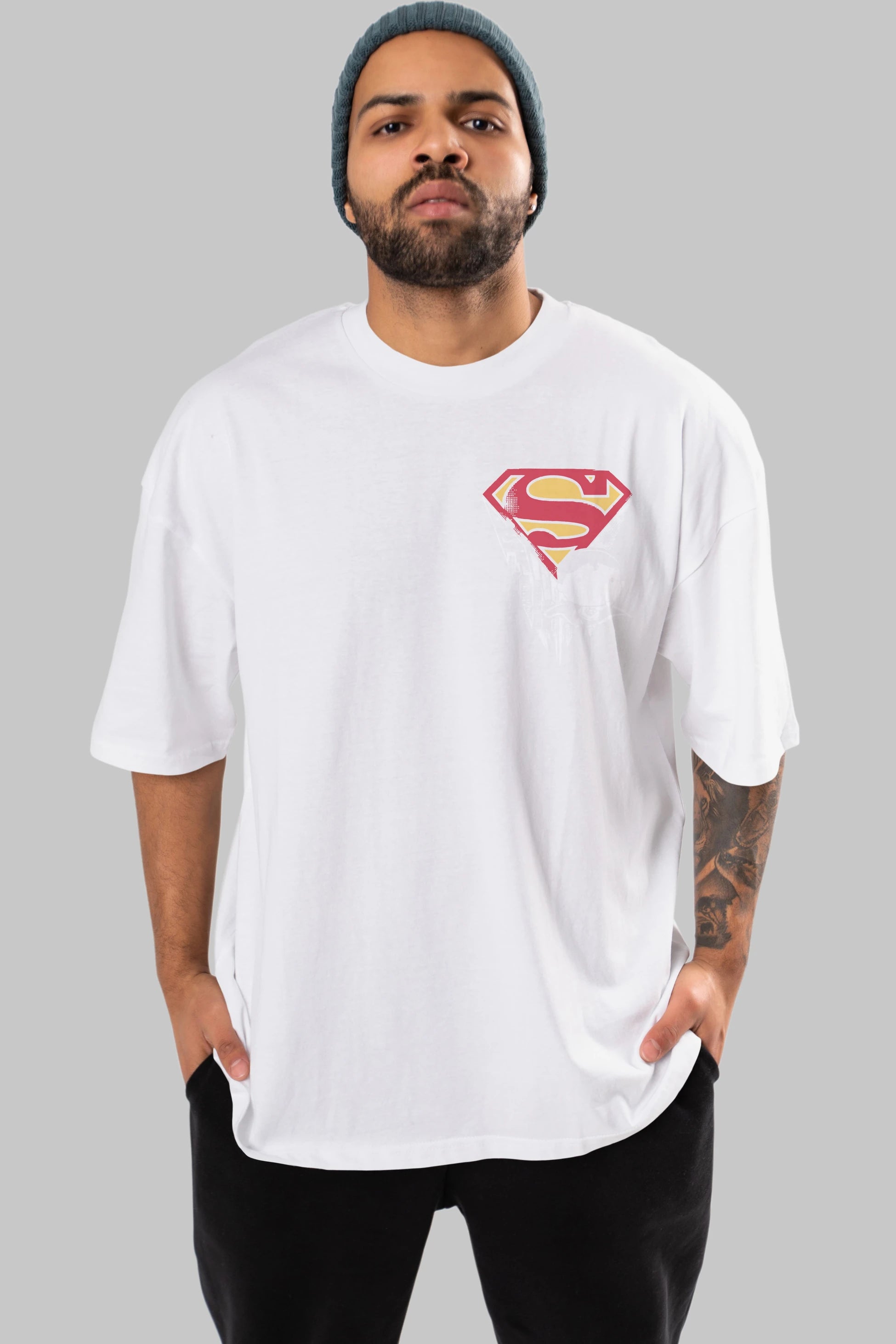 Superman Ön Sol Baskılı Oversize t-shirt Erkek Kadın Unisex %100 Pamuk Bisiklet Yaka tişort