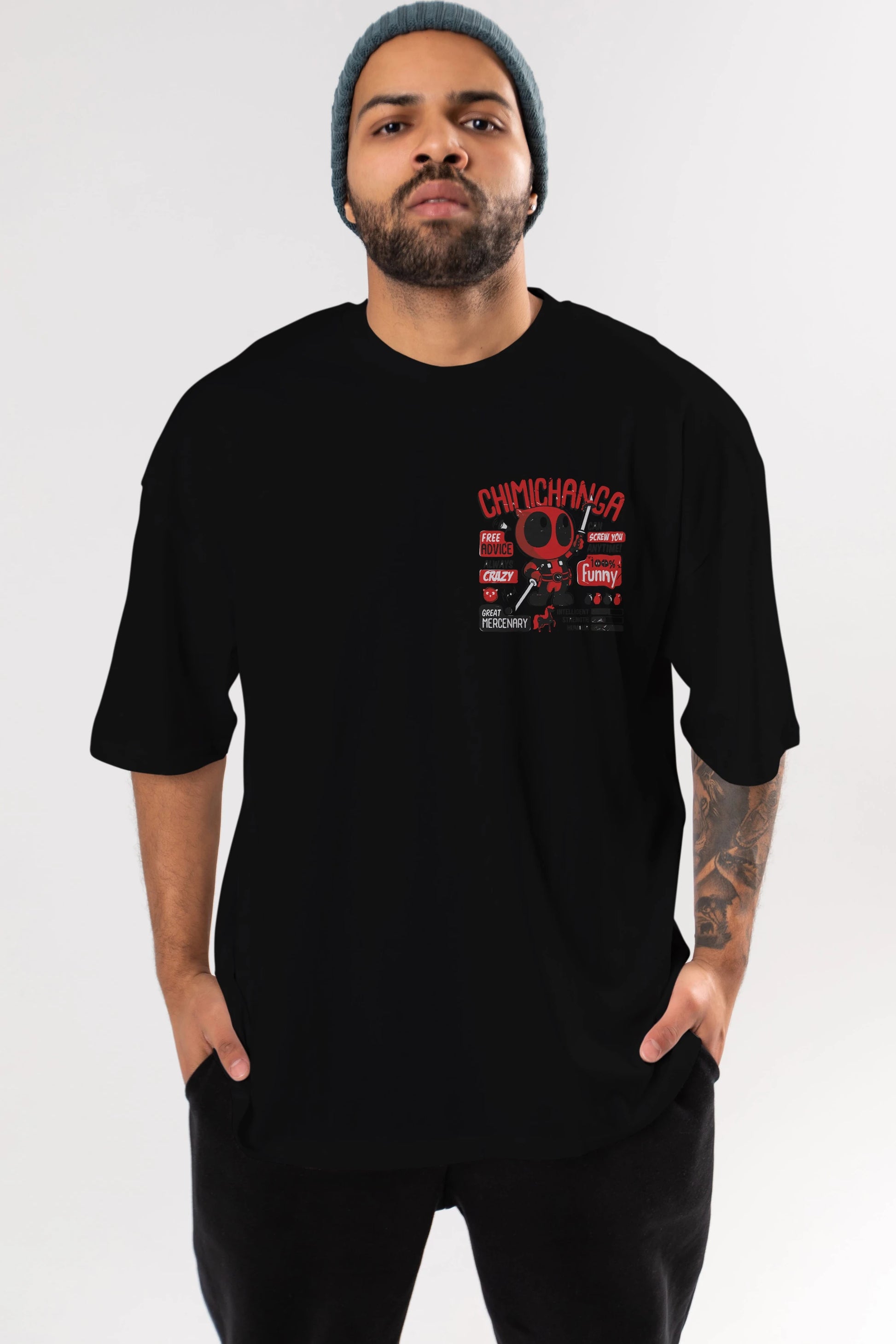Deadpool (9) Ön Sol Baskılı Oversize t-shirt Erkek Kadın Unisex %100 Pamuk Bisiklet Yaka tişort
