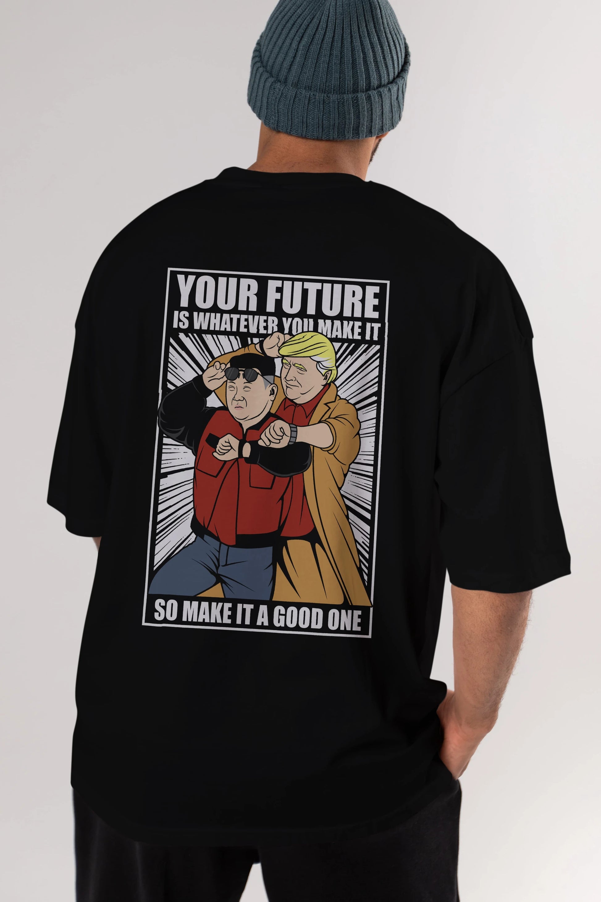 Back To The Future Jong Un Trump Arka Baskılı Oversize t-shirt Erkek Kadın Unisex %100 Pamuk tişort