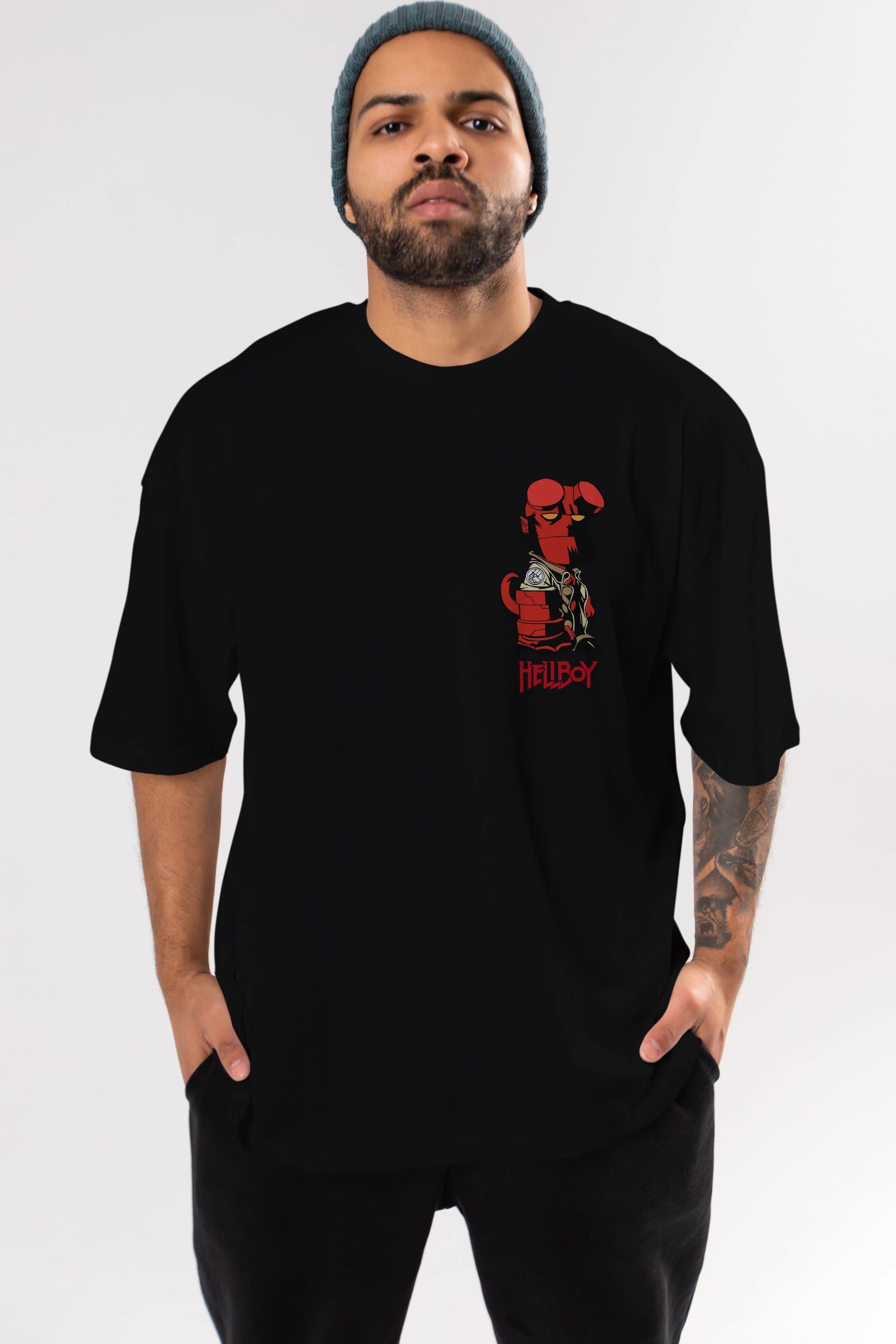 Hellboy (1) Ön Sol Baskılı Oversize t-shirt Erkek Kadın Unisex %100 Pamuk Bisiklet Yaka tişort