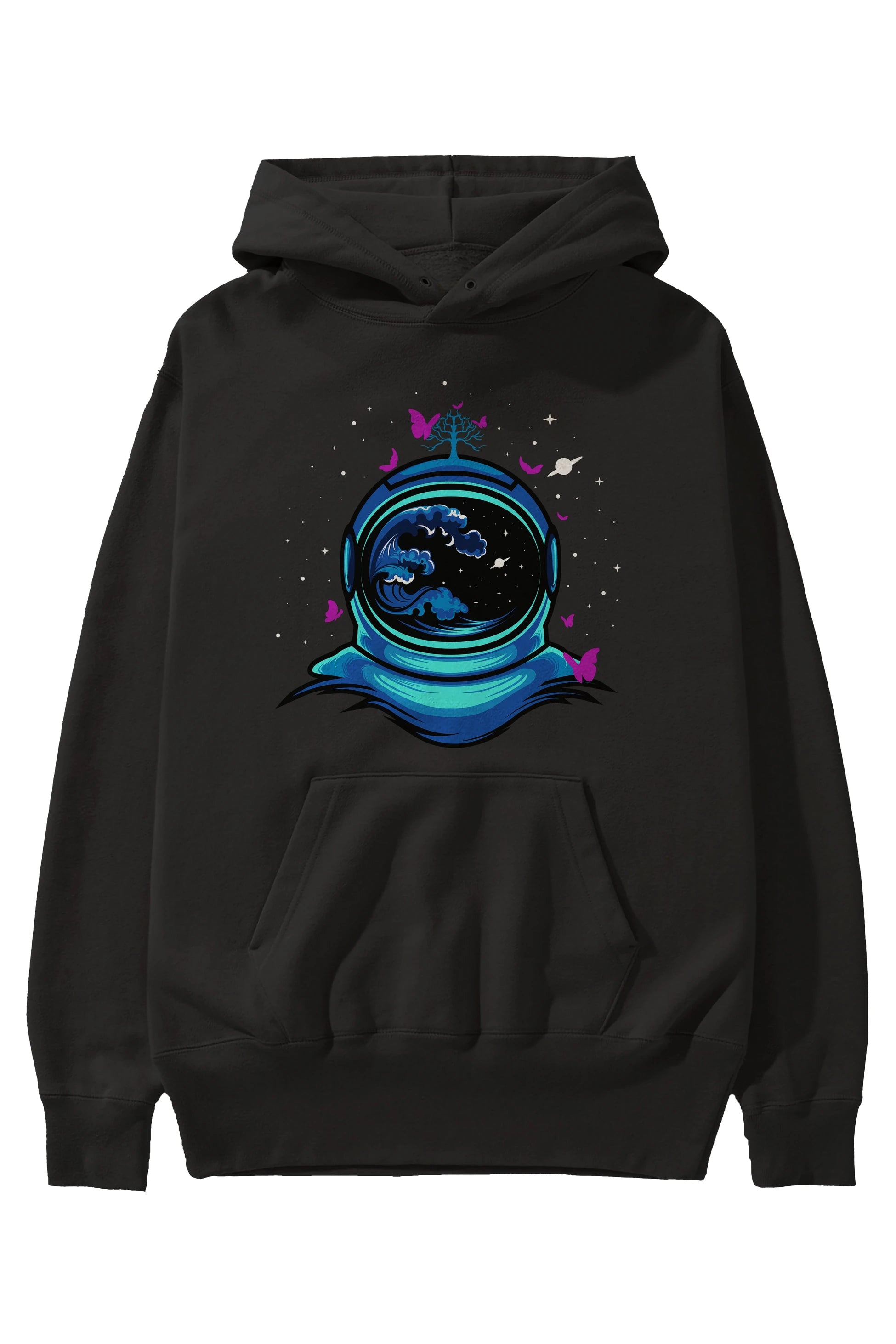 Astronaut and Butterfly Ön Baskılı Hoodie Oversize Kapüşonlu Sweatshirt Erkek Kadın Unisex