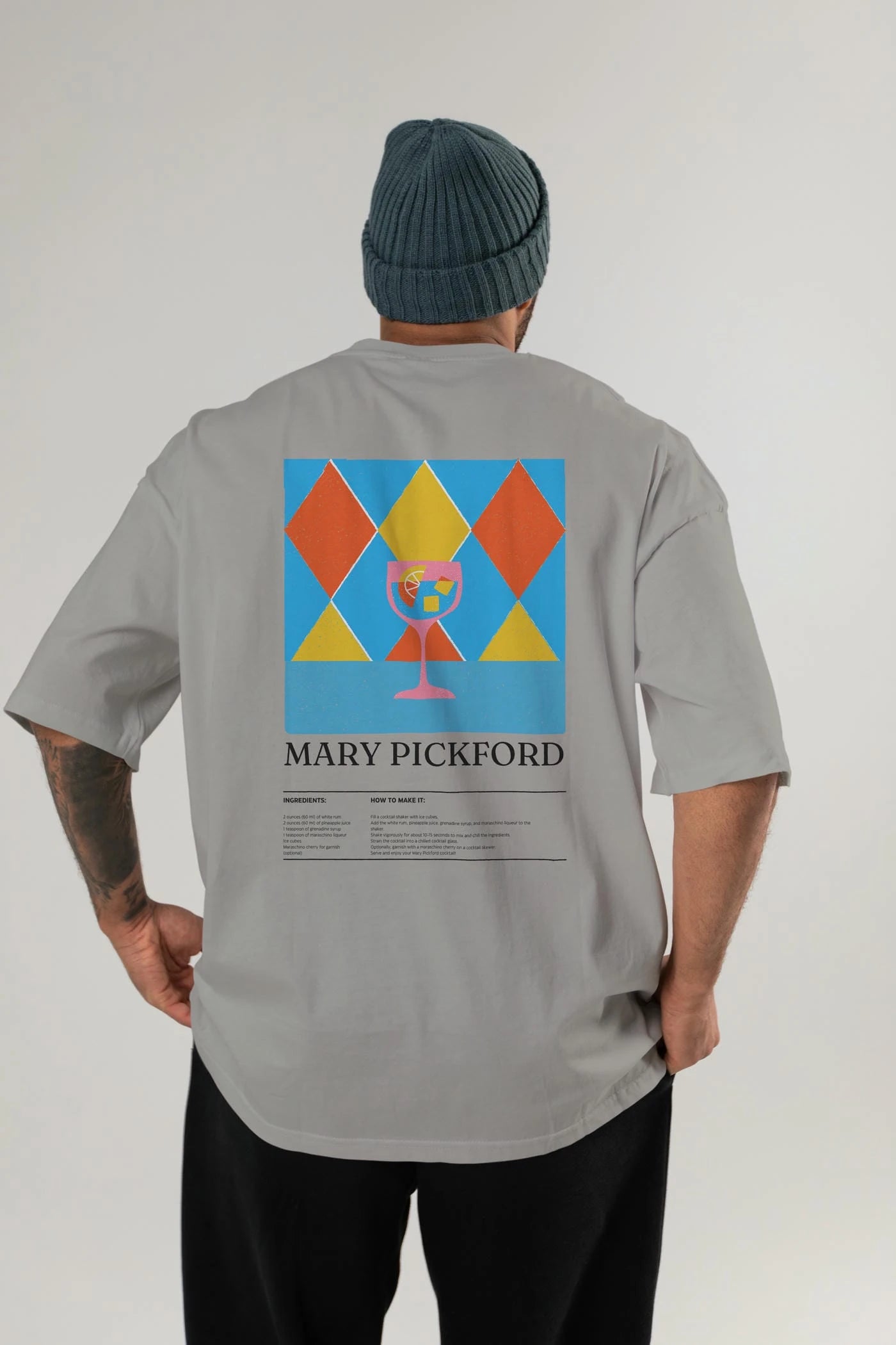 Mary Pickford Kokteyl Serisi Arka Baskılı Oversize t-shirt Erkek Kadın %100 Pamuk Bisiklet Yaka tişort
