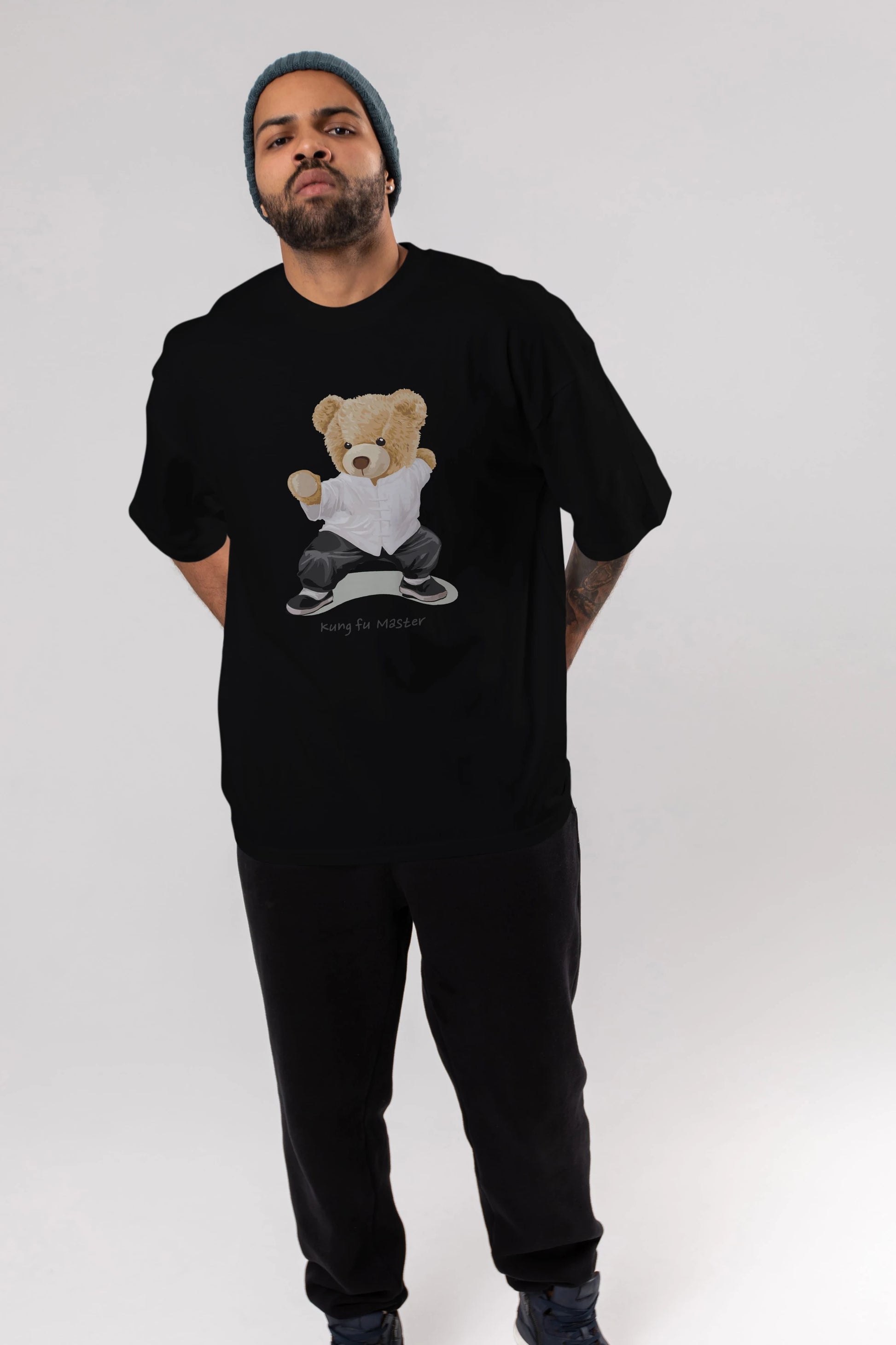 Teddy Bear Kung Fu Master Ön Baskılı Oversize t-shirt Erkek Kadın Unisex %100 Pamuk