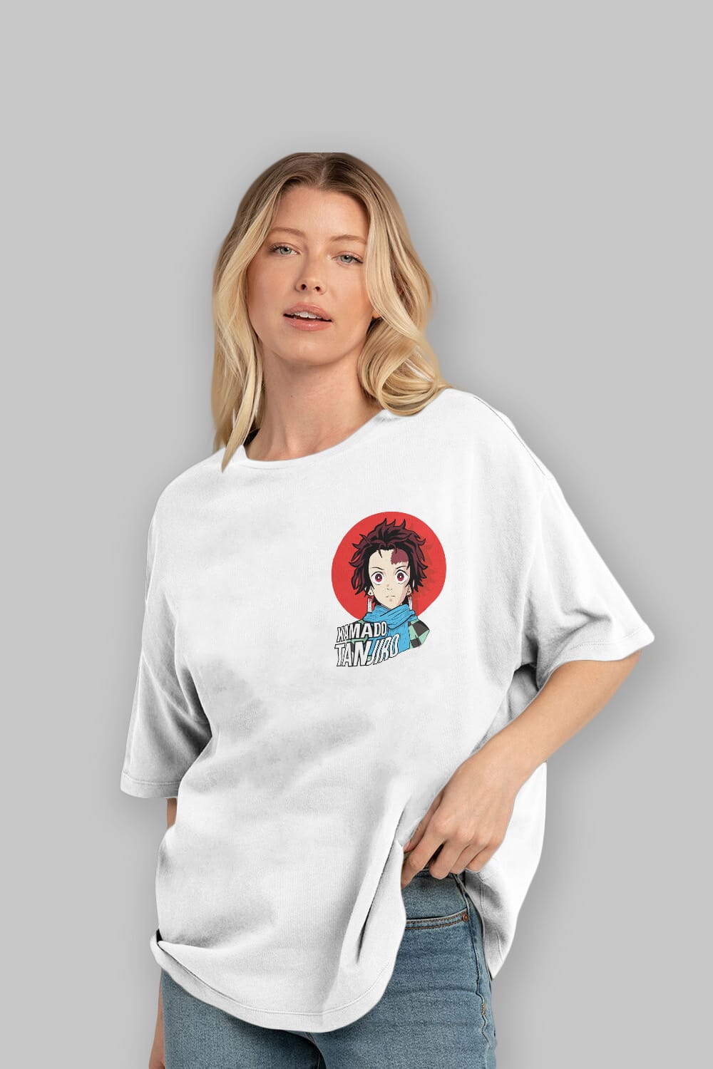 TANJIRO KAMADO Ön Sol Baskılı Oversize t-shirt Erkek Kadın Unisex %100 Pamuk Bisiklet Yaka tişort