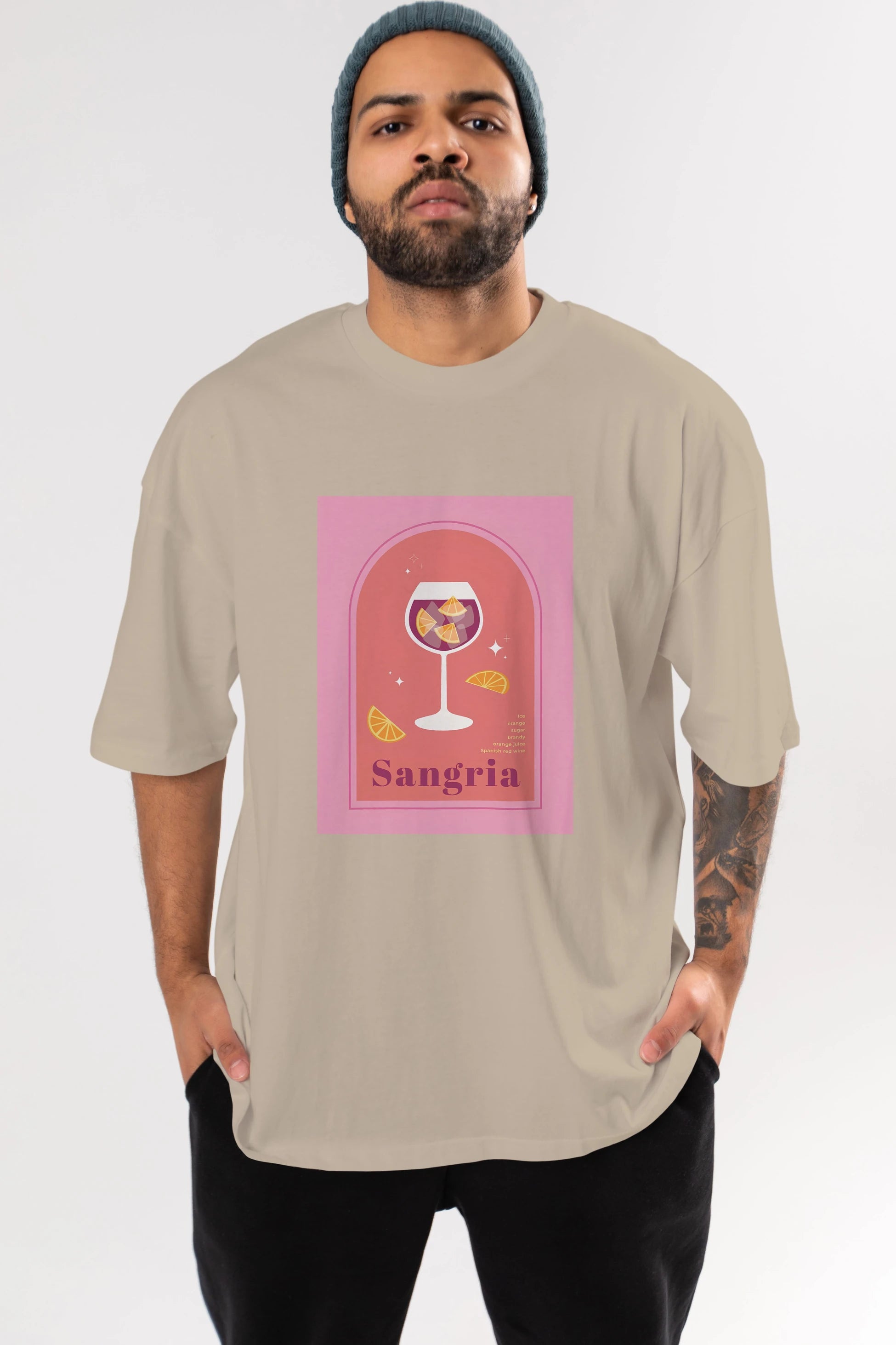 Sangria Ön Baskılı Oversize t-shirt Erkek Kadın Unisex %100 Pamuk Bisiklet Yaka tişort