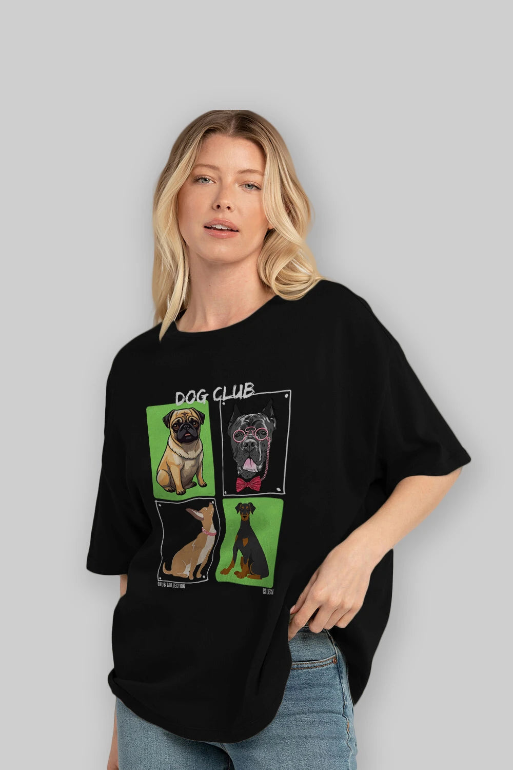 Dog Club ön Baskılı Oversize t-shirt Erkek Kadın %100 Pamuk Bisiklet Yaka tişort