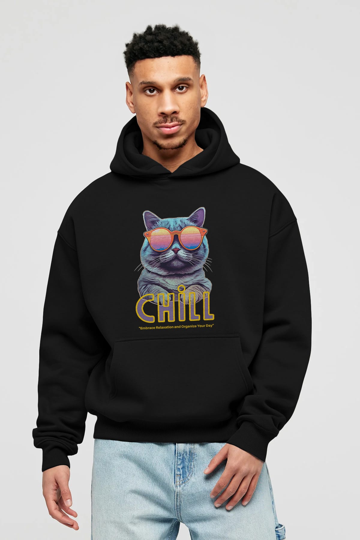 Chill Cat Ön Baskılı Oversize Hoodie Kapüşonlu Sweatshirt Erkek Kadın Unisex