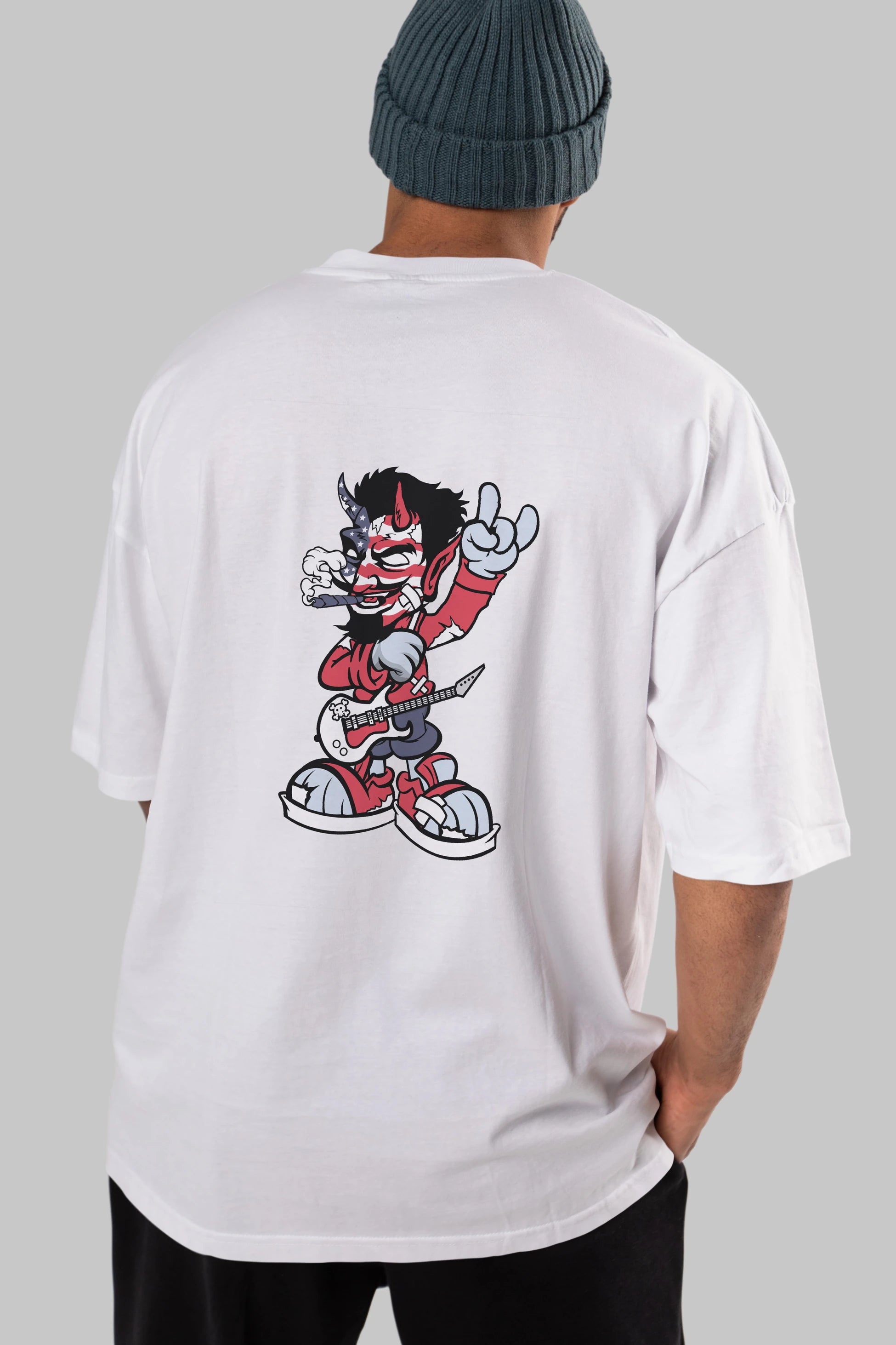 American Devil Rockstar Arka Baskılı Oversize t-shirt Erkek Kadın Unisex %100 Pamuk tişort