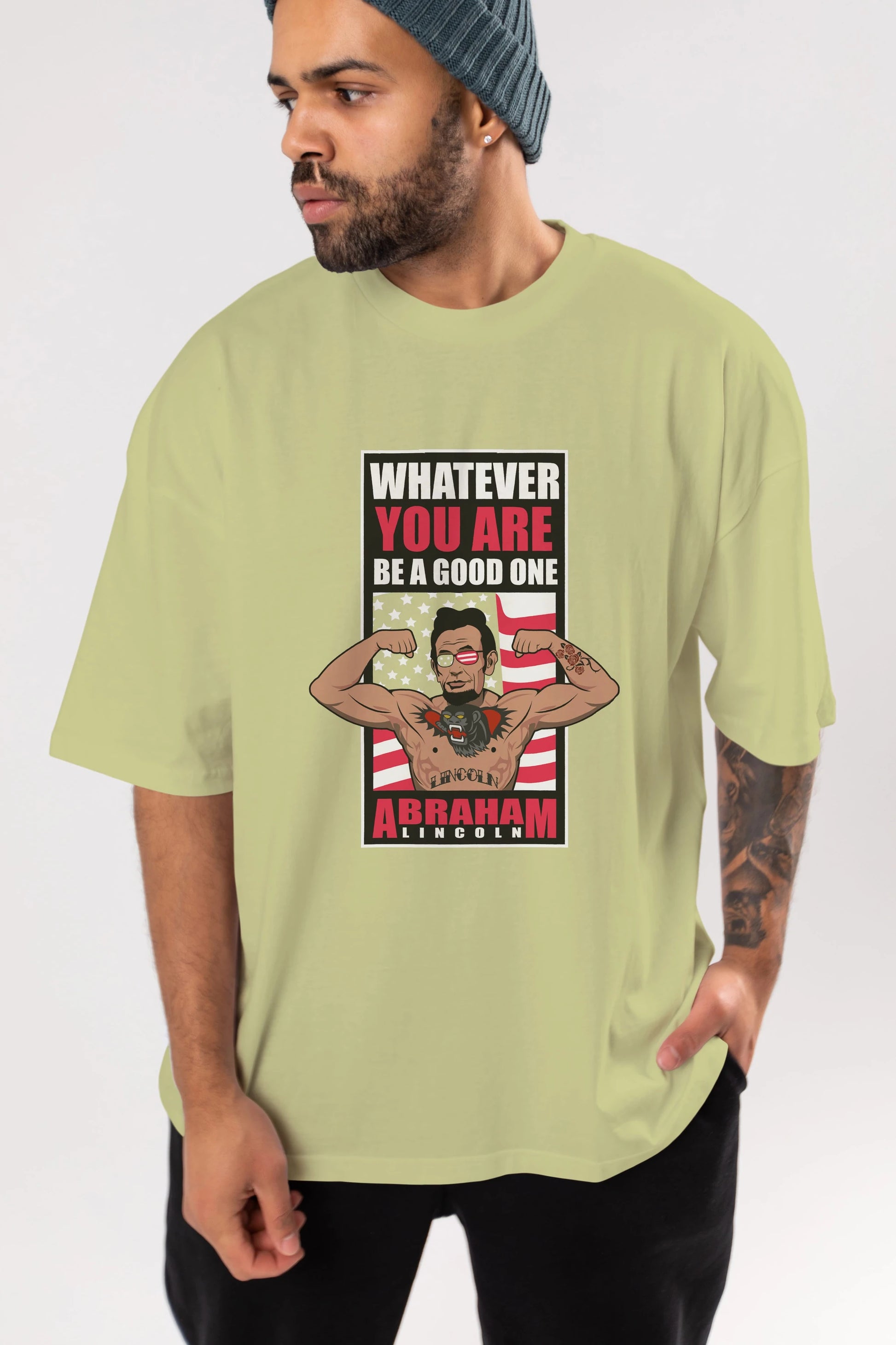 Lincoln Fighter Ön Baskılı Oversize t-shirt Erkek Kadın Unisex %100 Pamuk tişort