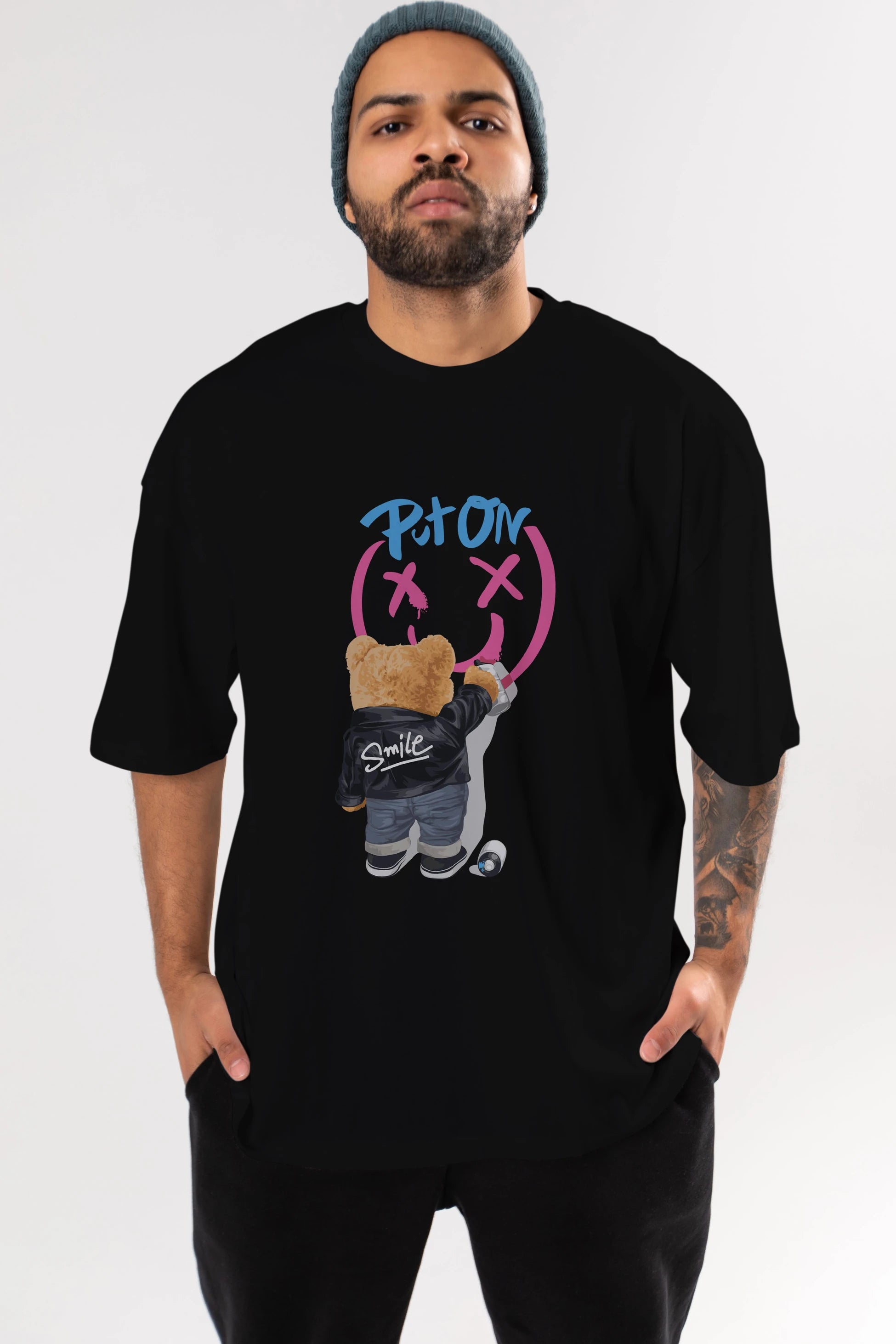 Put on Smile Bear Ön Baskılı Oversize t-shirt Erkek Kadın Unisex