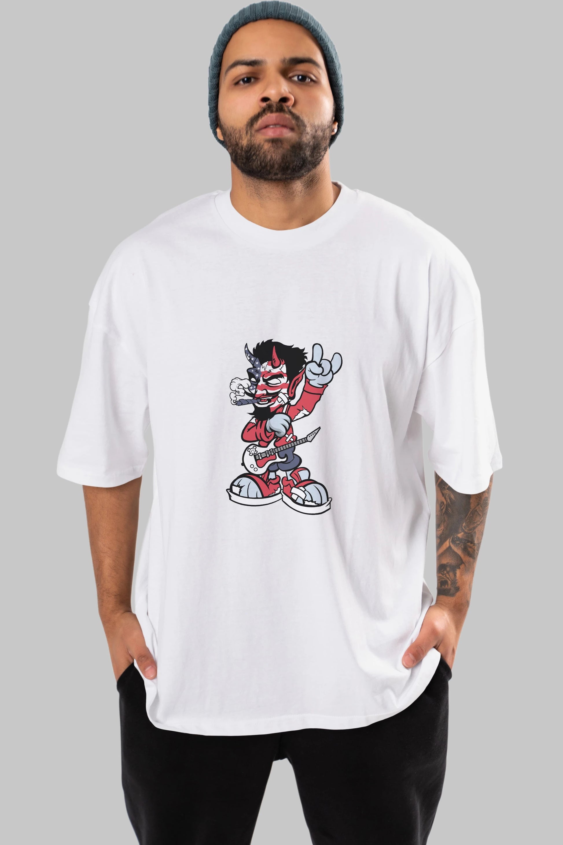 American Devil Rockstar Ön Baskılı Oversize t-shirt Erkek Kadın Unisex %100 Pamuk tişort