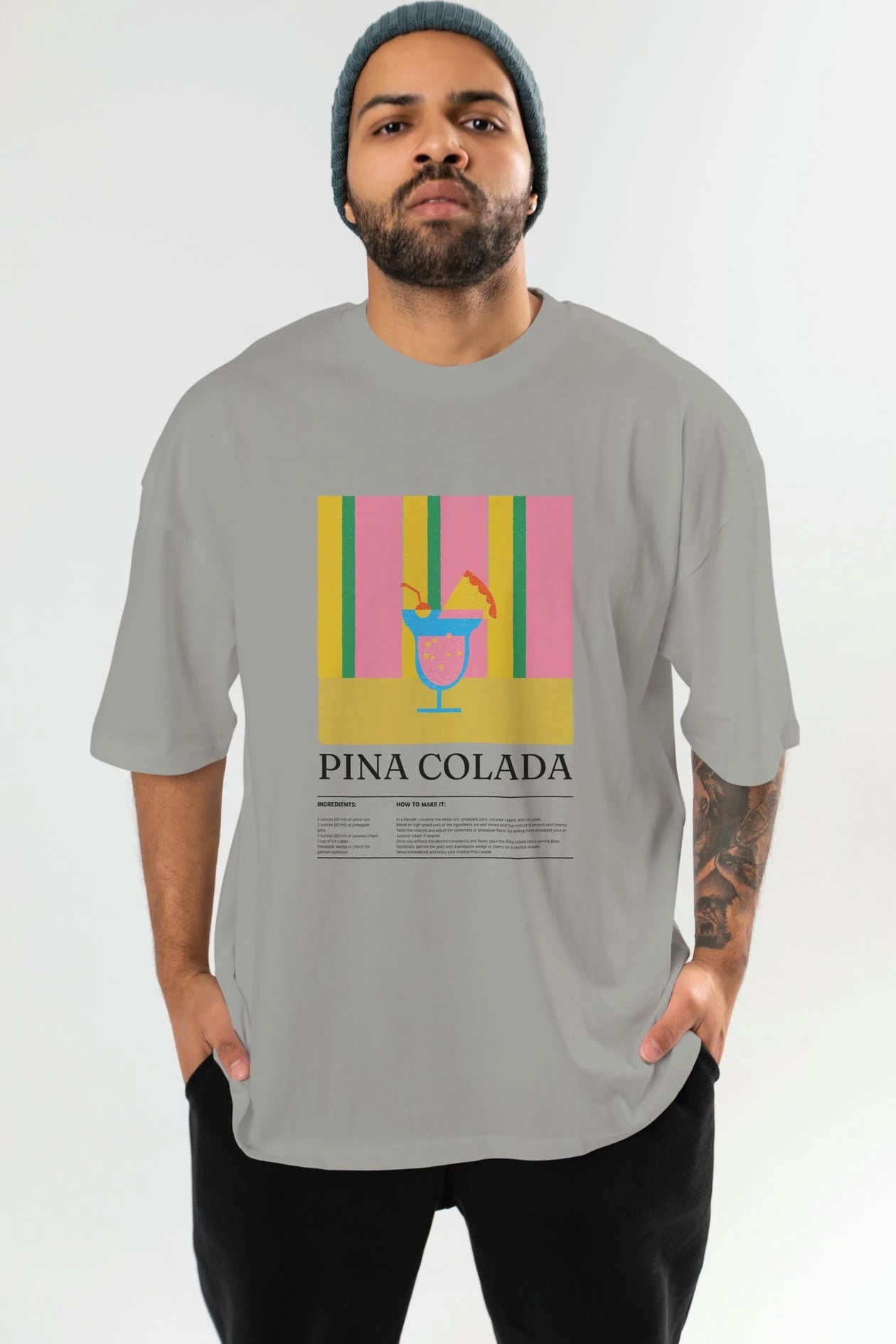 Pina Colada Kokteyl Ön Baskılı Oversize t-shirt Erkek Kadın %100 Pamuk Bisiklet Yaka tişort