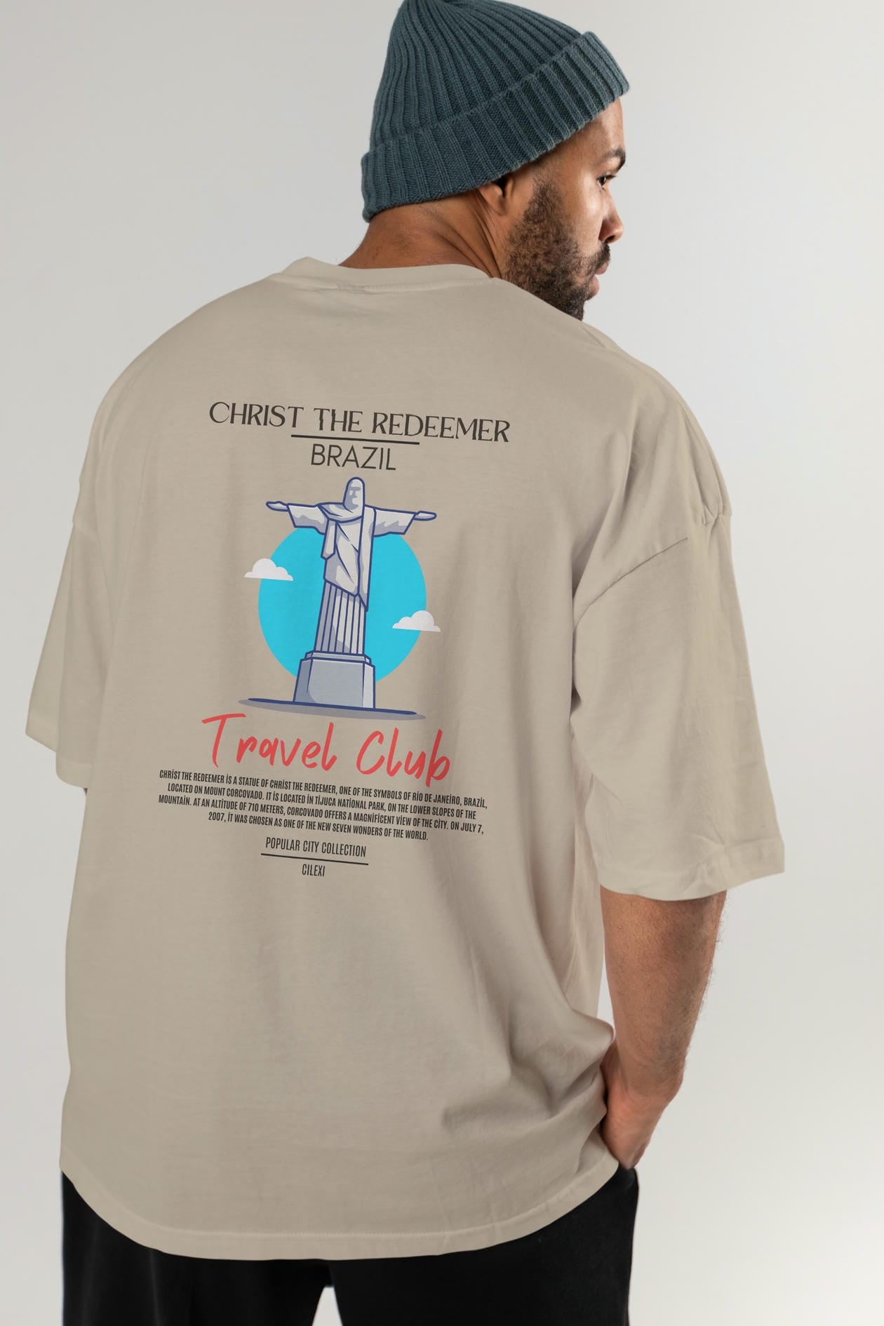 Christ The Redeemer Brazil Arka Baskılı Oversize t-shirt Erkek Kadın Pamuk Bisiklet Yaka tişort