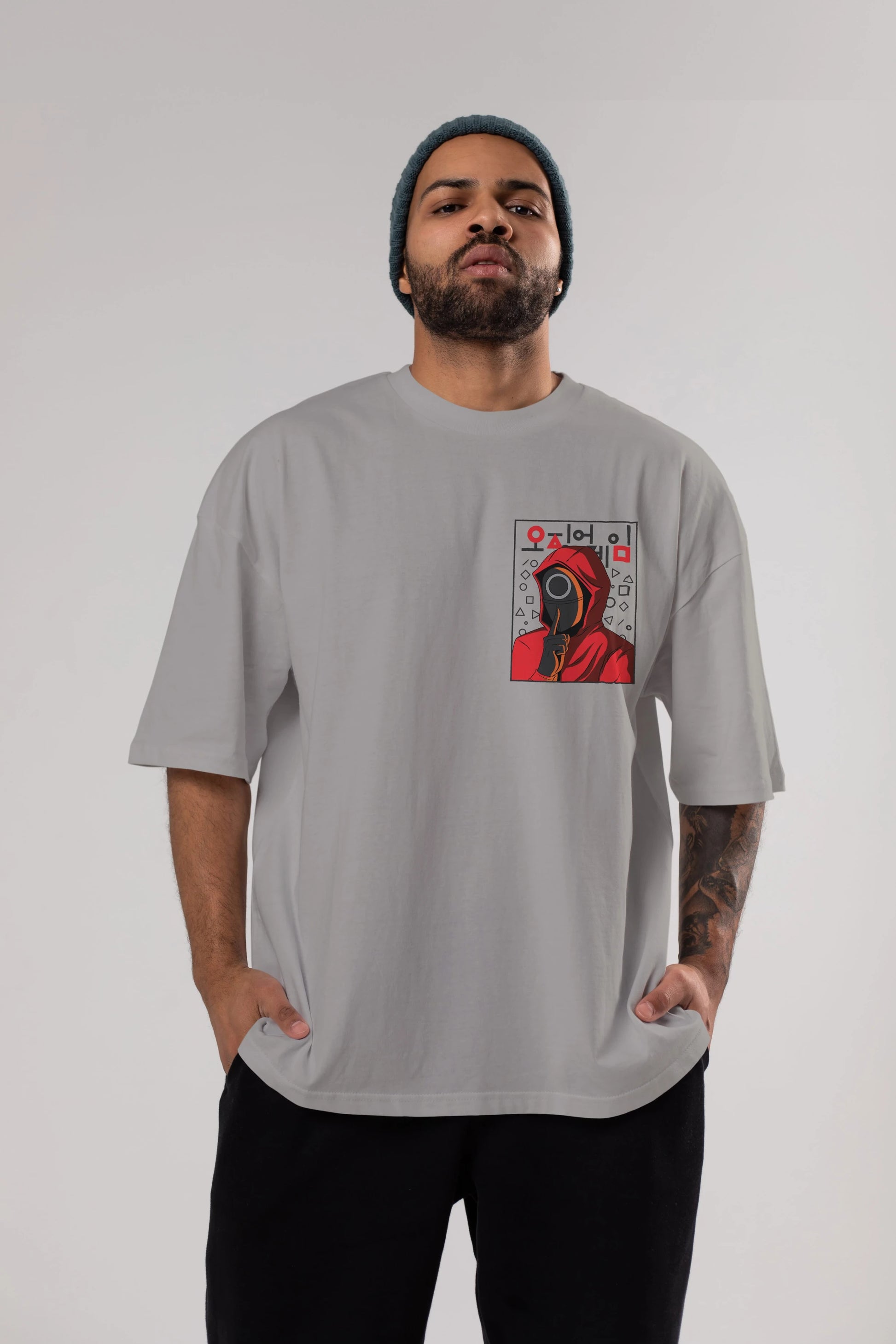Squid Game (5) Ön Sol Baskılı Oversize t-shirt Erkek Kadın Unisex %100 Pamuk Bisiklet Yaka tişort