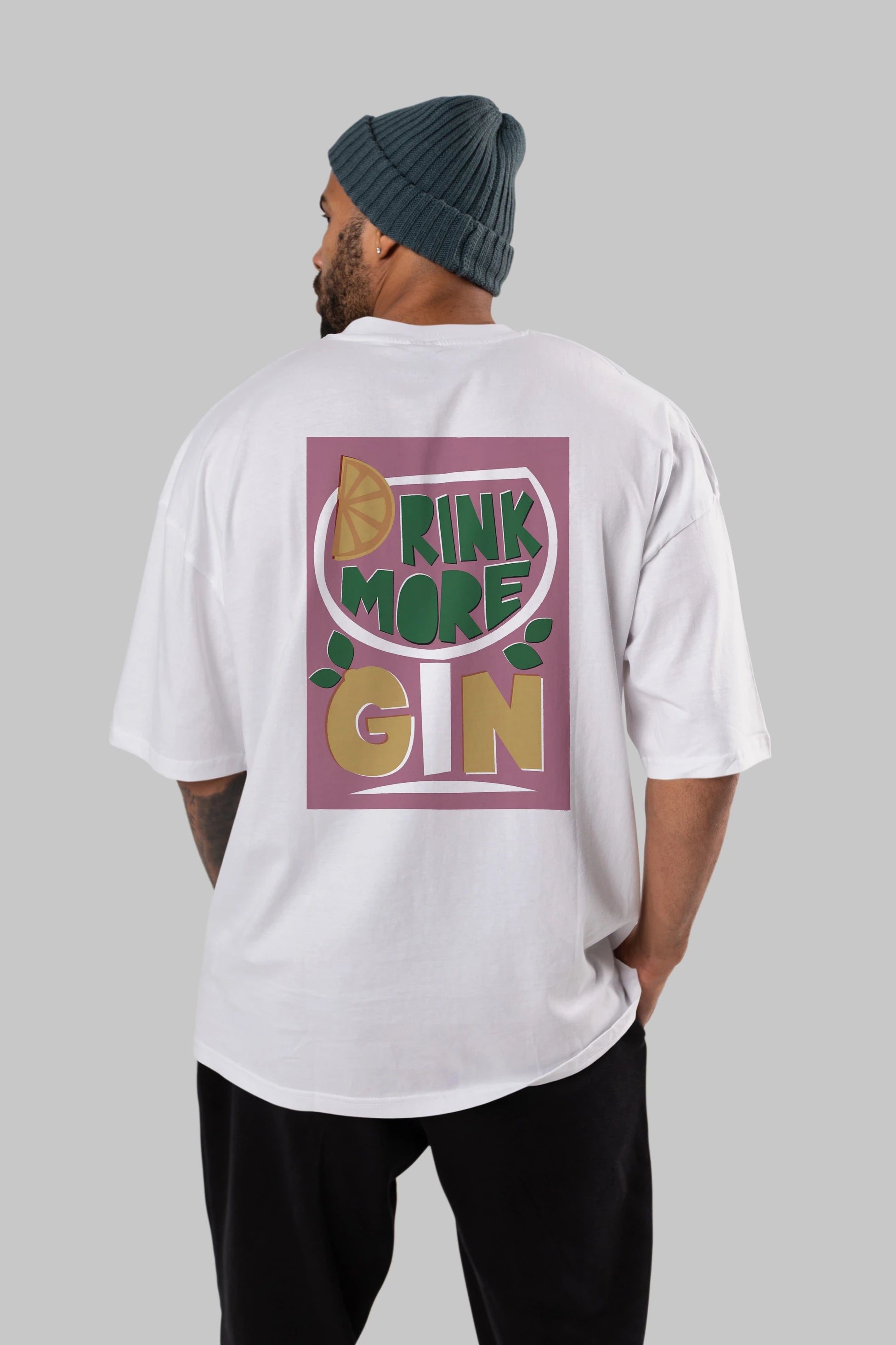 Drink More Gin Arka Baskılı Oversize t-shirt Erkek Kadın Unisex %100 Pamuk Bisiklet Yaka tişort