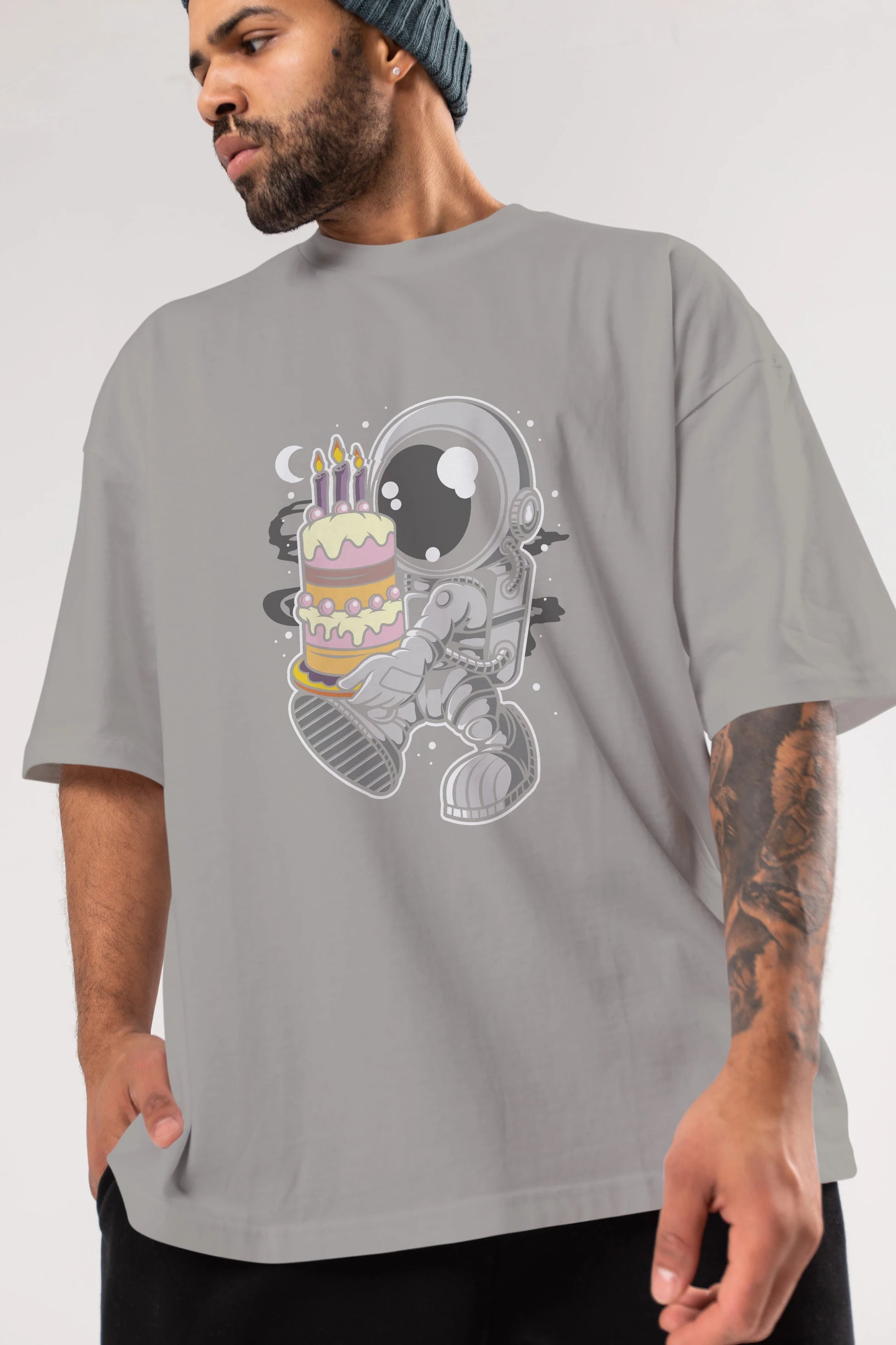 Astronaut Birthday Cake Ön Baskılı Oversize t-shirt Erkek Kadın Unisex