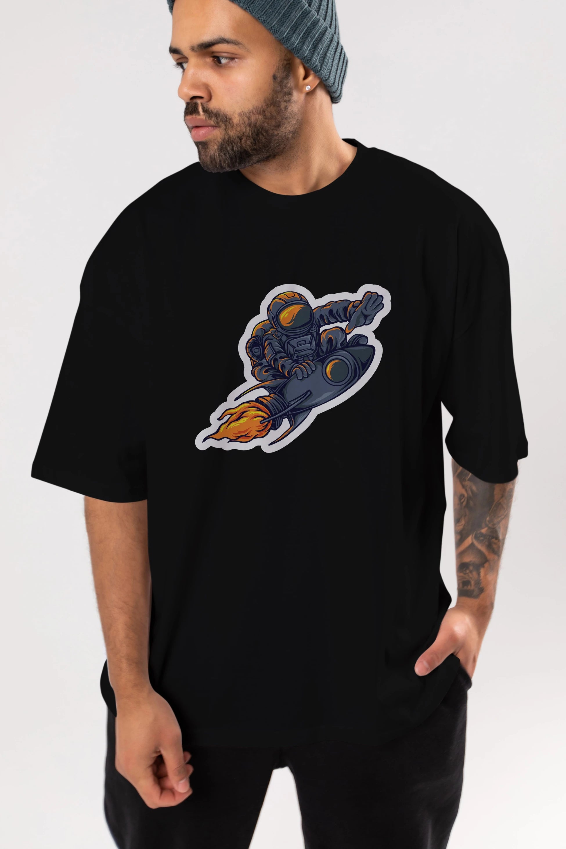 Astrocket Illustration Sticker Ön Baskılı Oversize t-shirt Erkek Kadın Unisex