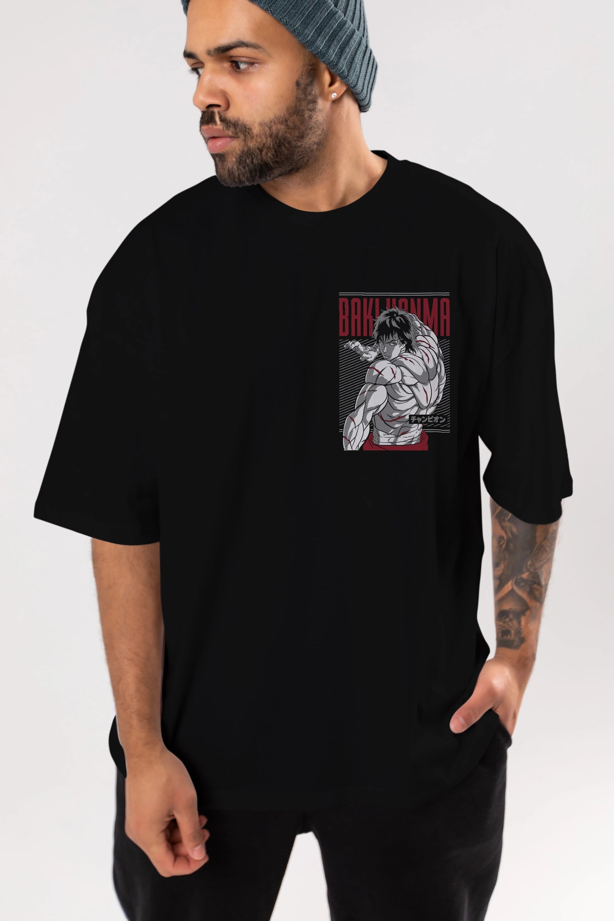 BAKI HANMA Ön Sol Baskılı Oversize t-shirt Erkek Kadın Unisex %100 Pamuk Bisiklet Yaka tişort