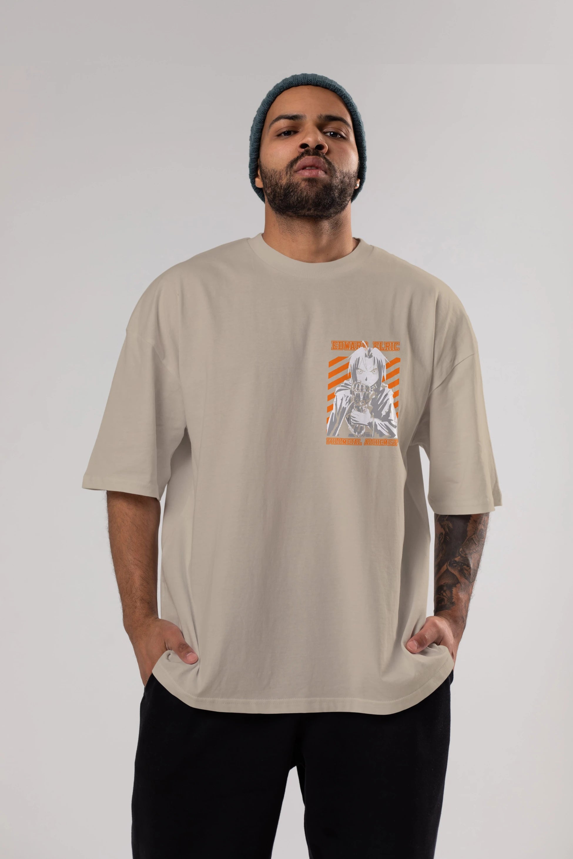 EDWARD ELRIC Ön Sol Baskılı Oversize t-shirt Erkek Kadın Unisex %100 Pamuk Bisiklet Yaka tişort
