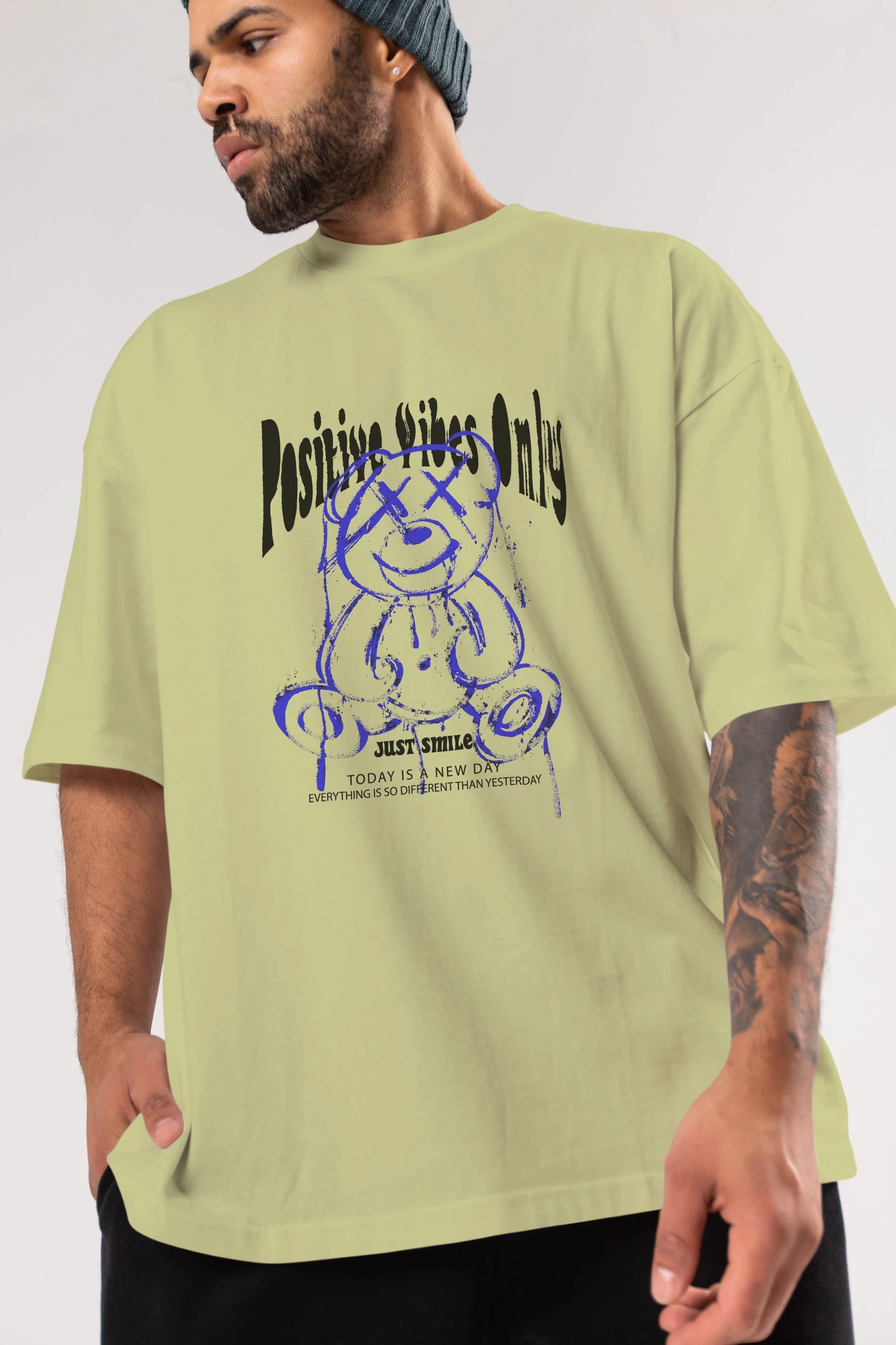 Positive Vibes Only Bear Ön Baskılı Oversize t-shirt Erkek Kadın Unisex