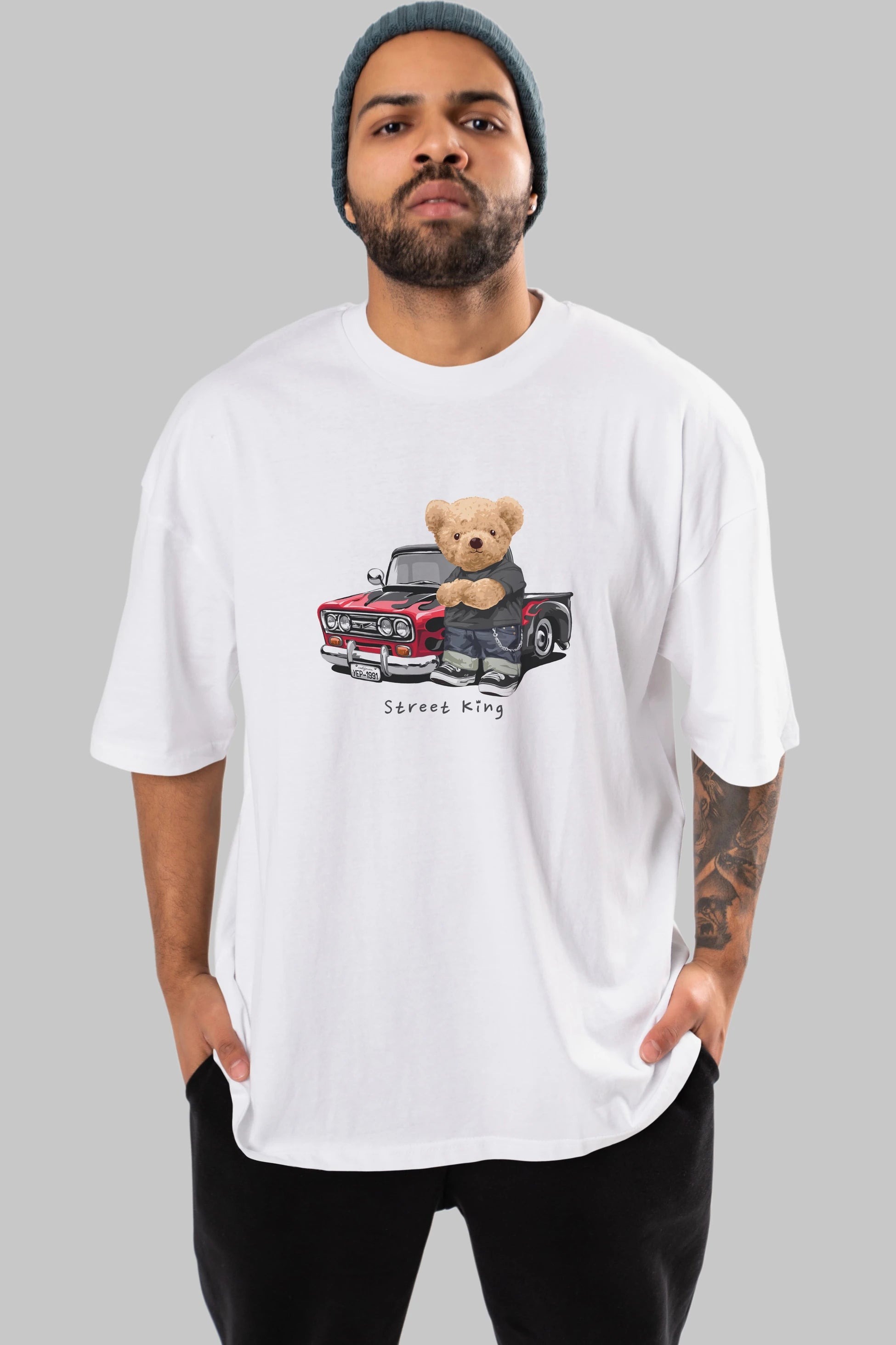 Teddy Bear Street King Ön Baskılı Oversize t-shirt Erkek Kadın Unisex %100 Pamuk