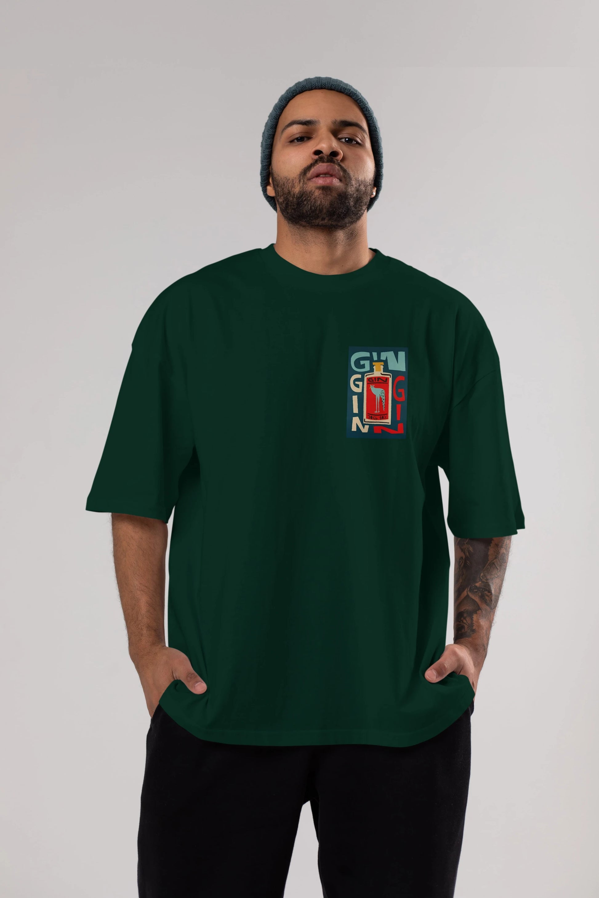 Gin 2 Ön Sol Baskılı Oversize t-shirt Erkek Kadın Unisex %100 Pamuk Bisiklet Yaka tişort