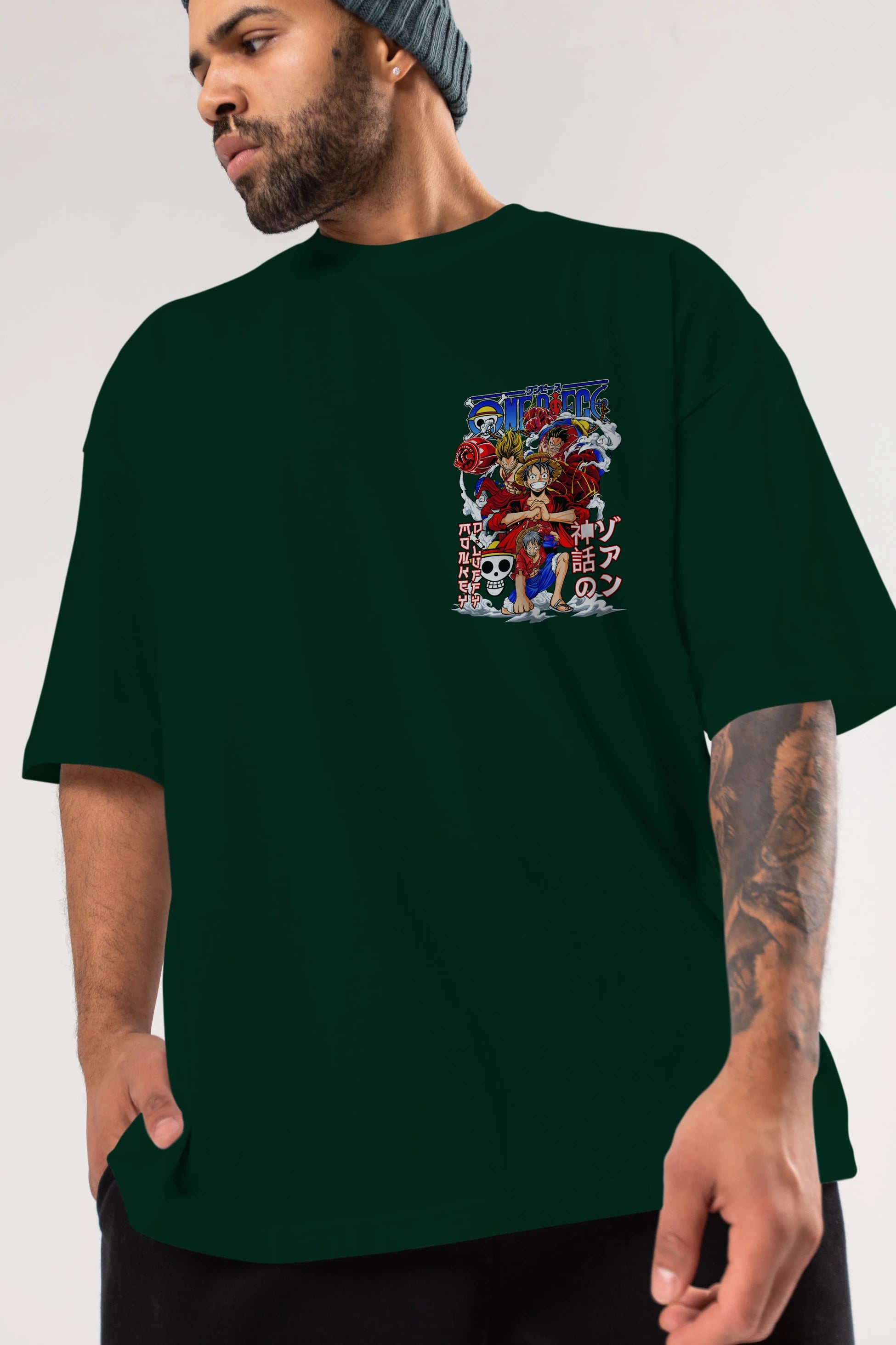 MONKEY D. LUFF-ONE PIECE 2 Ön Sol Baskılı Oversize t-shirt Erkek Kadın Unisex %100 Pamuk Bisiklet Yaka tişort