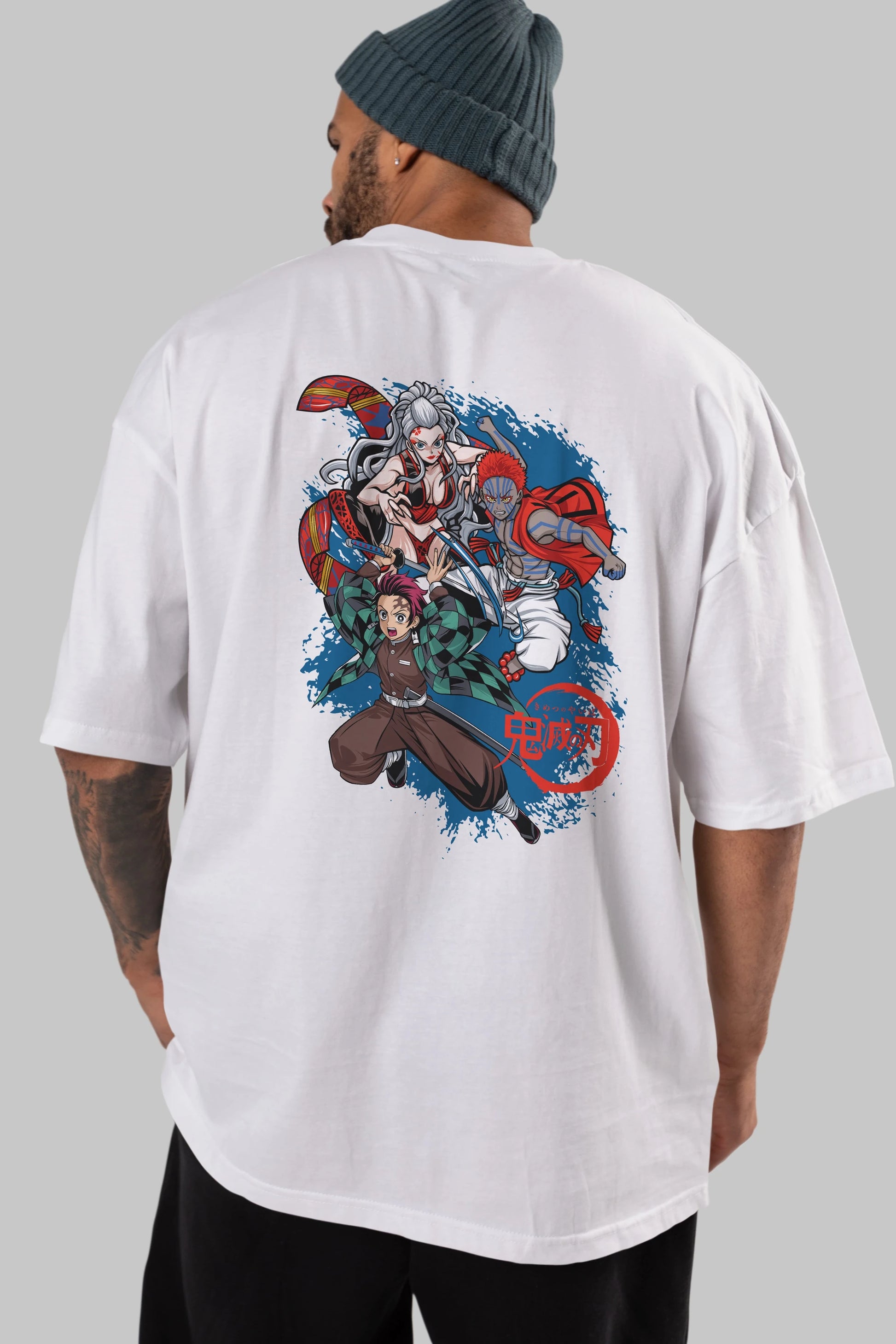 TANJIRO ,AKAZA,DAKI Anime Arka Baskılı Oversize t-shirt Erkek Kadın Unisex