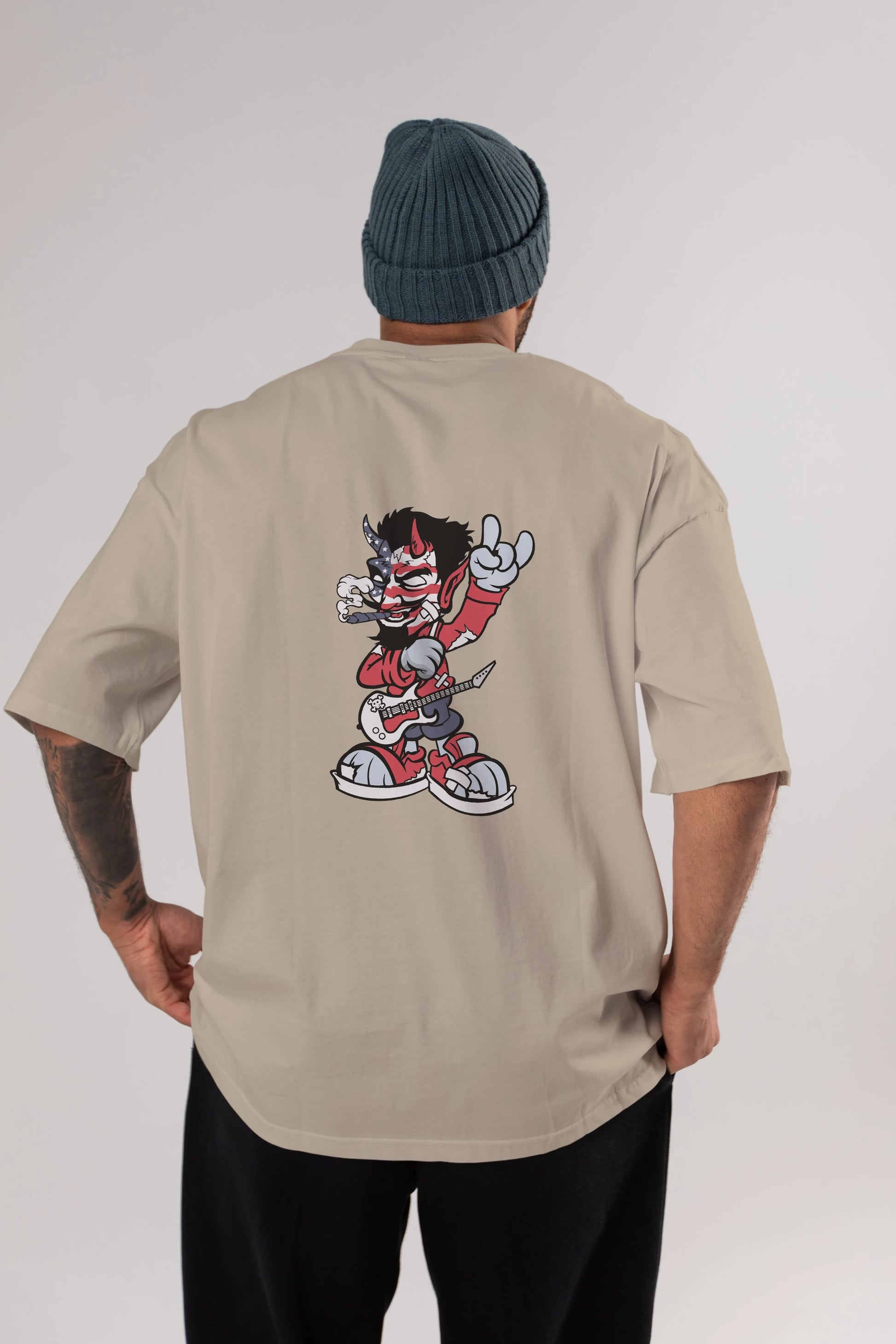 American Devil Rockstar Arka Baskılı Oversize t-shirt Erkek Kadın Unisex %100 Pamuk tişort