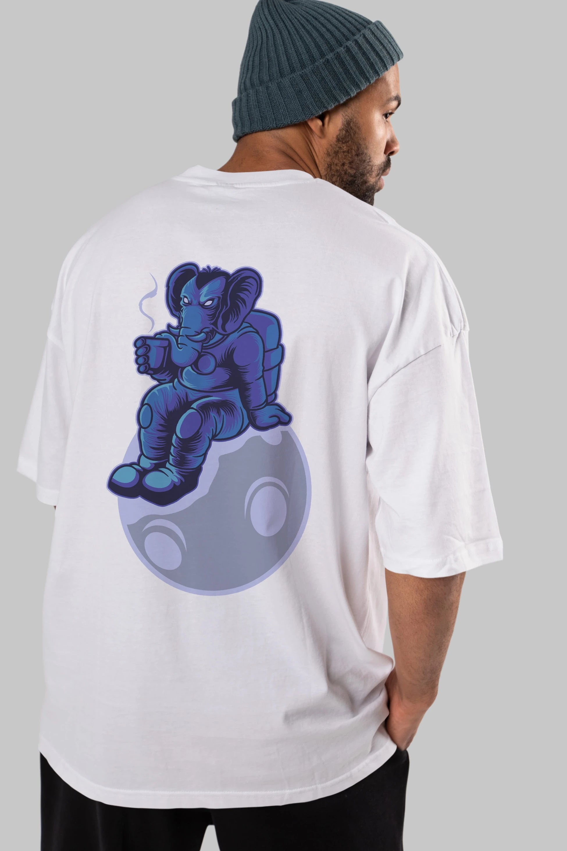 Space Elephant Drink Coffee Arka Baskılı Oversize t-shirt Erkek Kadın Unisex